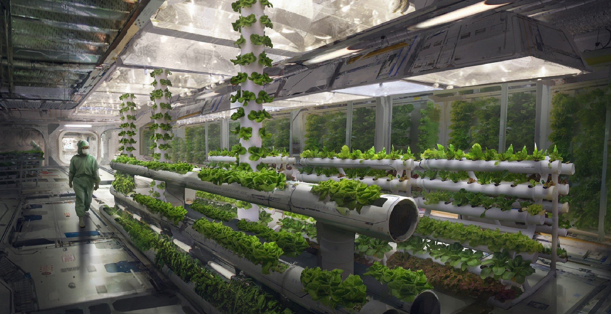 Scientist in futuristic hydroponic farm artwork HD Wallpaper