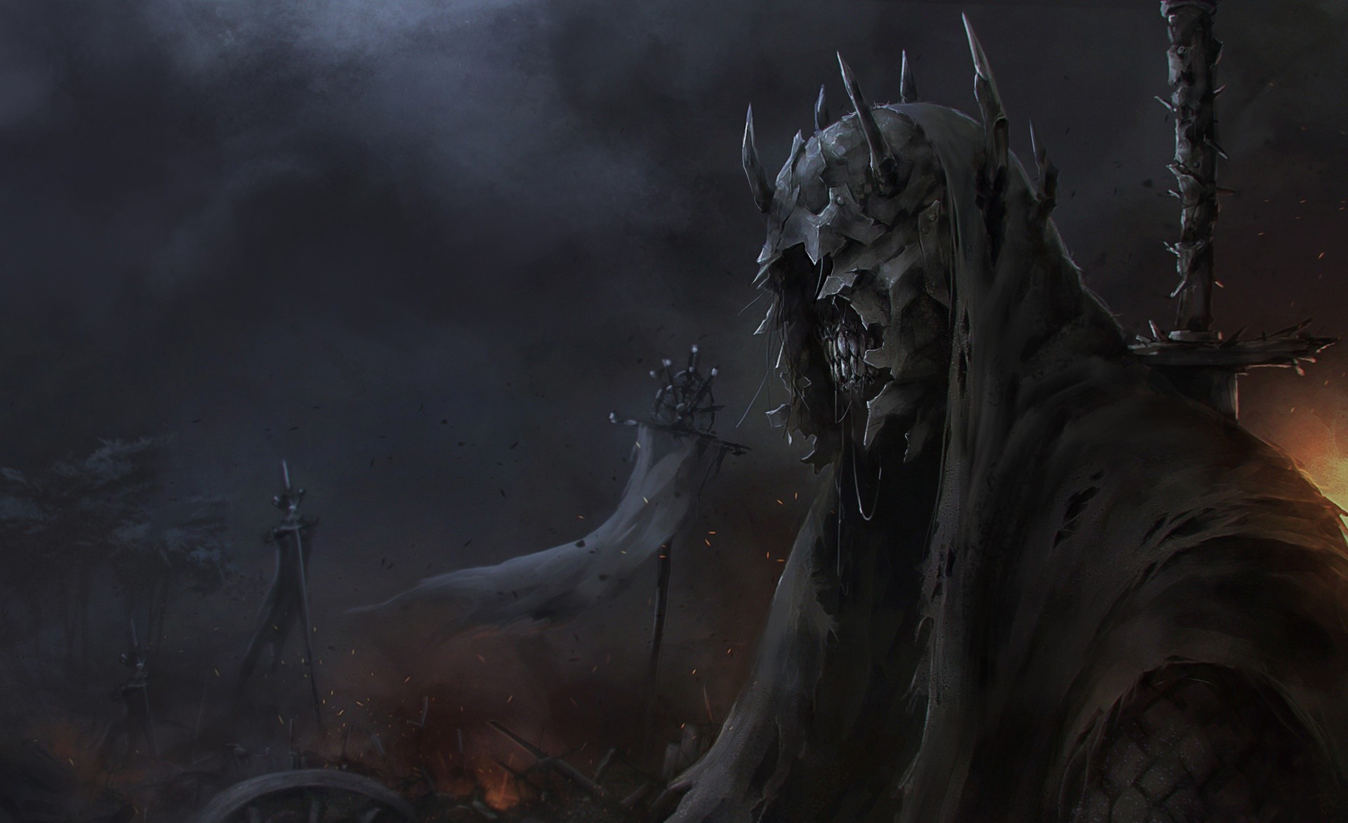 Dark fantasy artwork of a skeletal warrior with a sword HD Wallpaper
