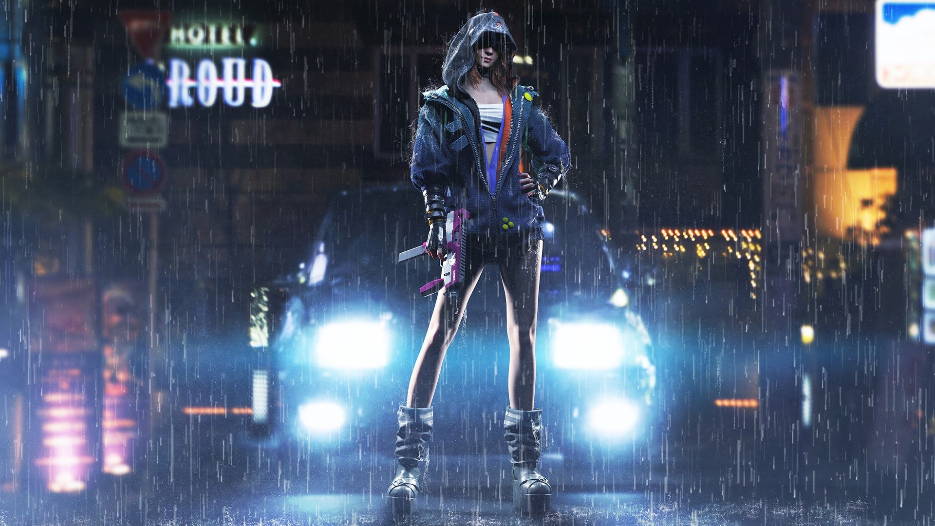 Woman with weapon in the rain at night HD Wallpaper