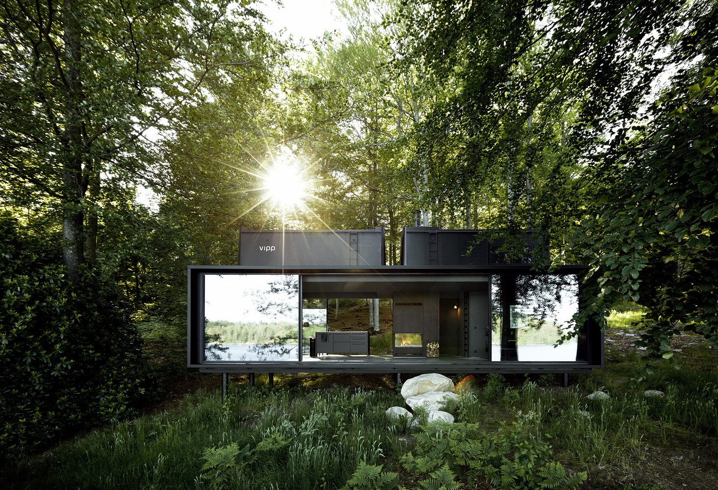 Modern Vipp house in a forest by a lake HD Wallpaper