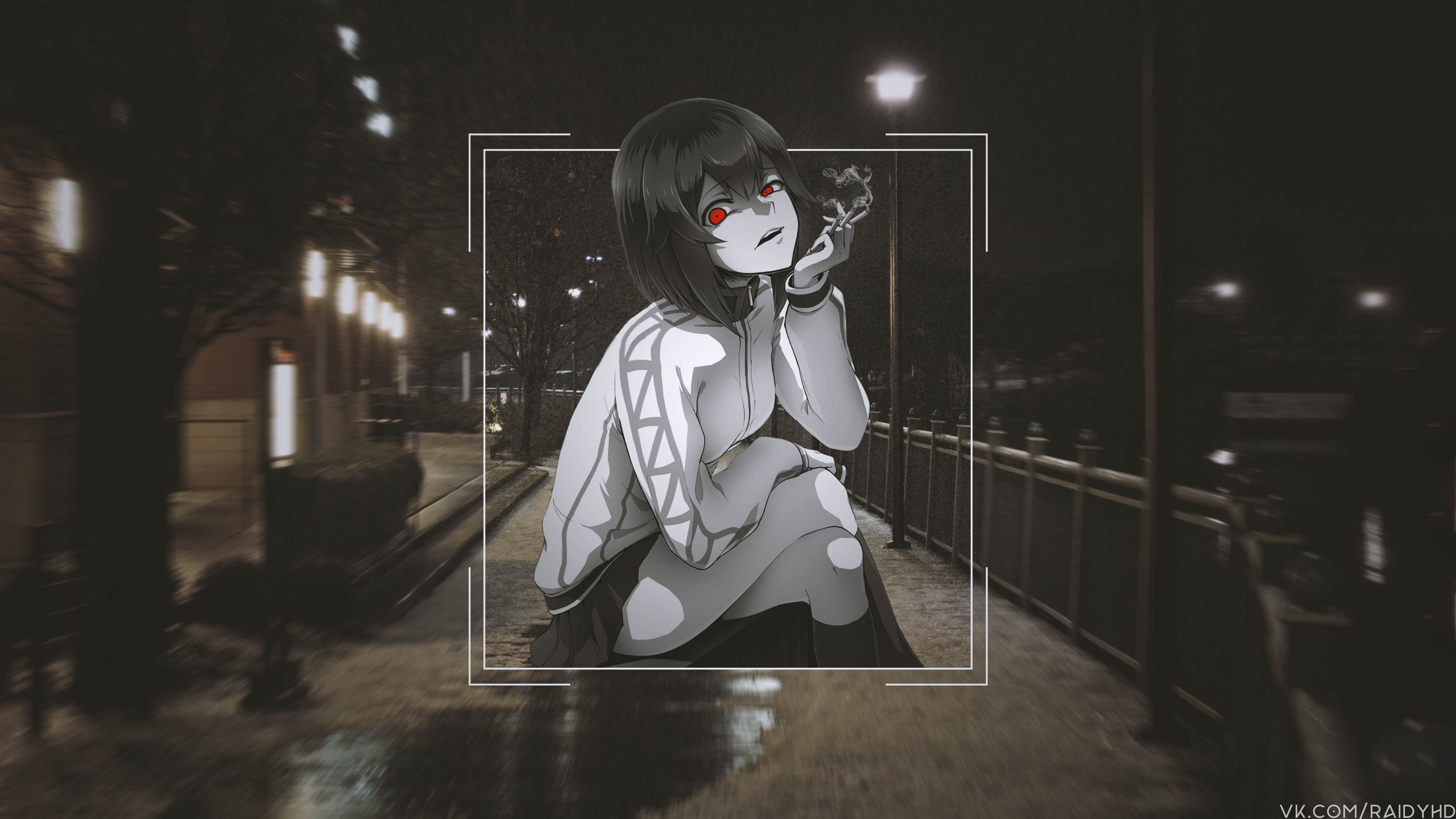 Anime girl smoking in a city at night HD Wallpaper