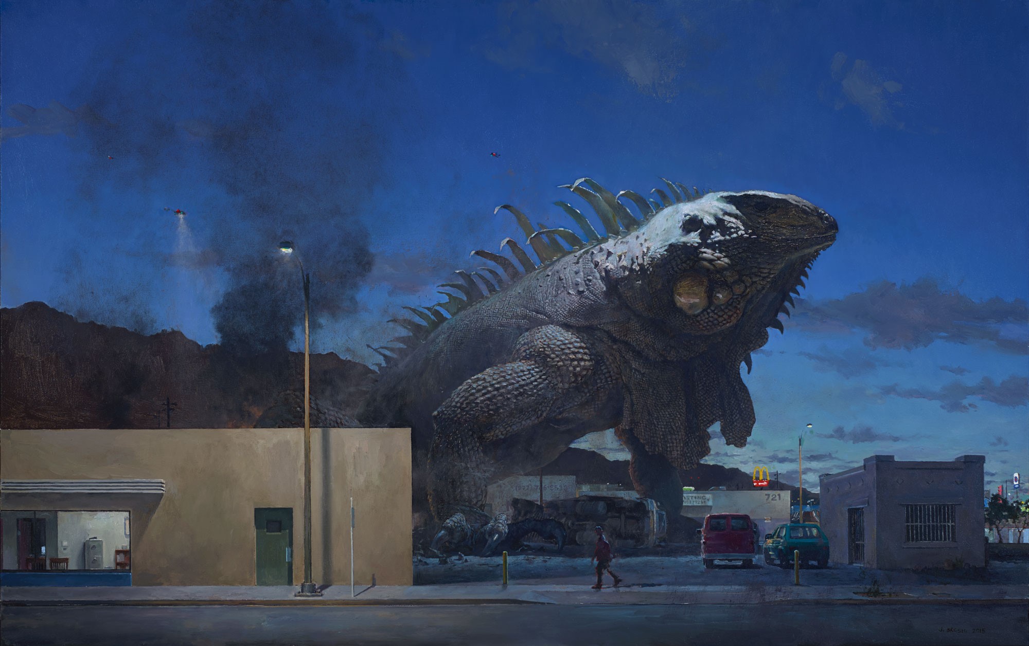 Giant Iguana Attacks Town with Helicopters HD Wallpaper
