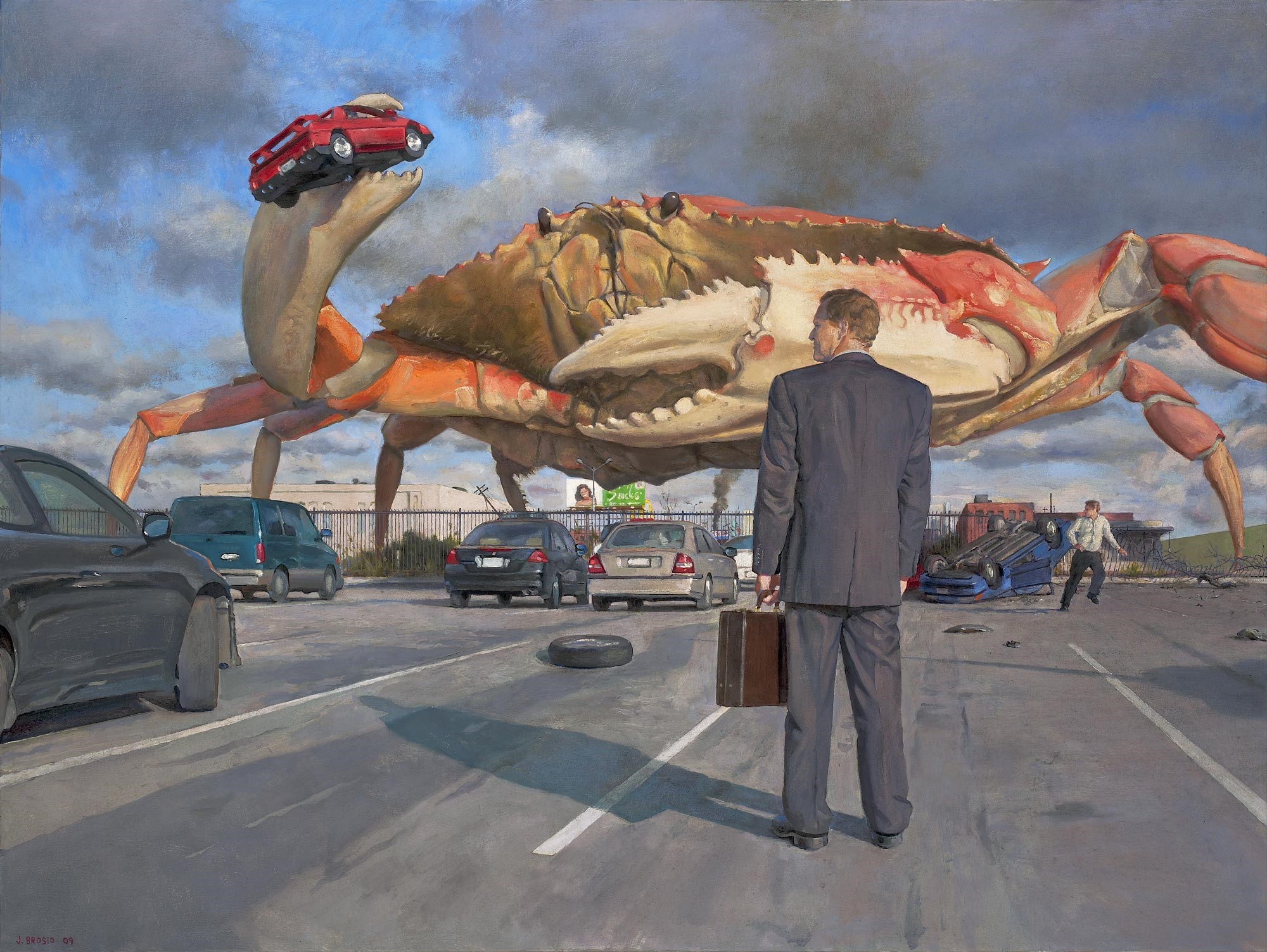 Giant Crab on Highway Holding a Red Car HD Wallpaper