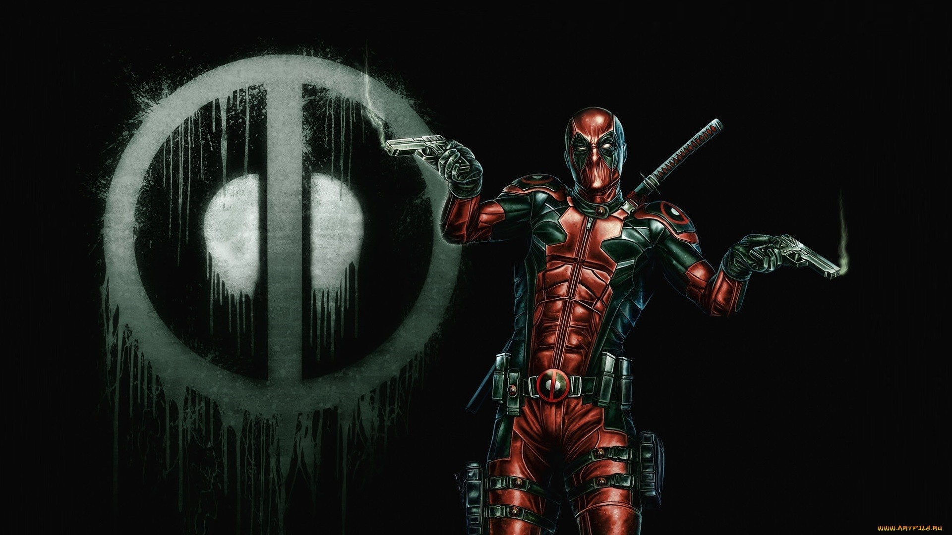 Deadpool with guns and logo HD Wallpaper