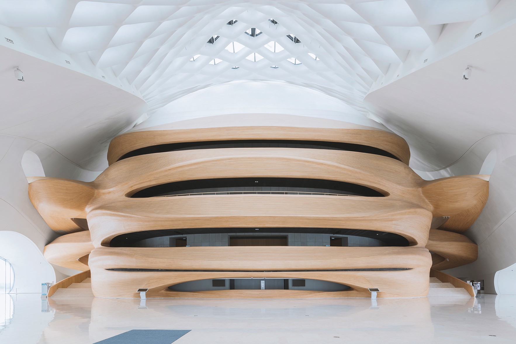 Modern architecture interior with wooden curved walls and ceiling HD Wallpaper