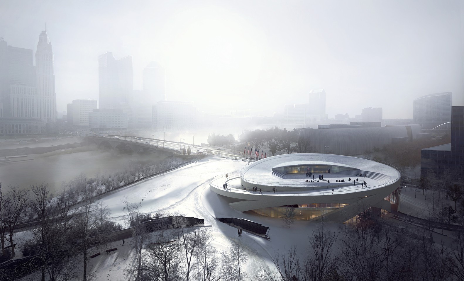 Modern circular museum building in a foggy city HD Wallpaper