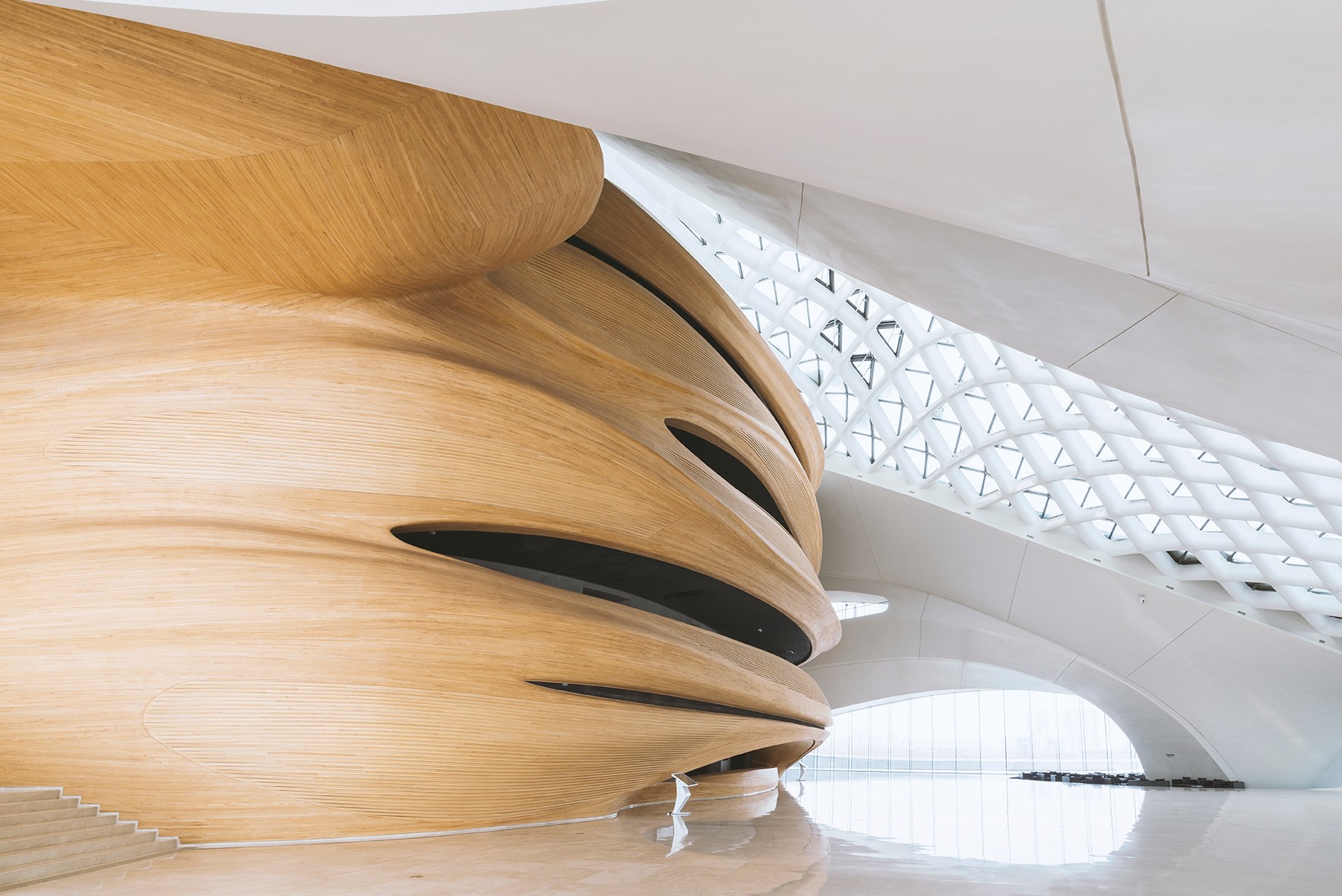 Modern wooden architecture interior with geometric ceiling HD Wallpaper