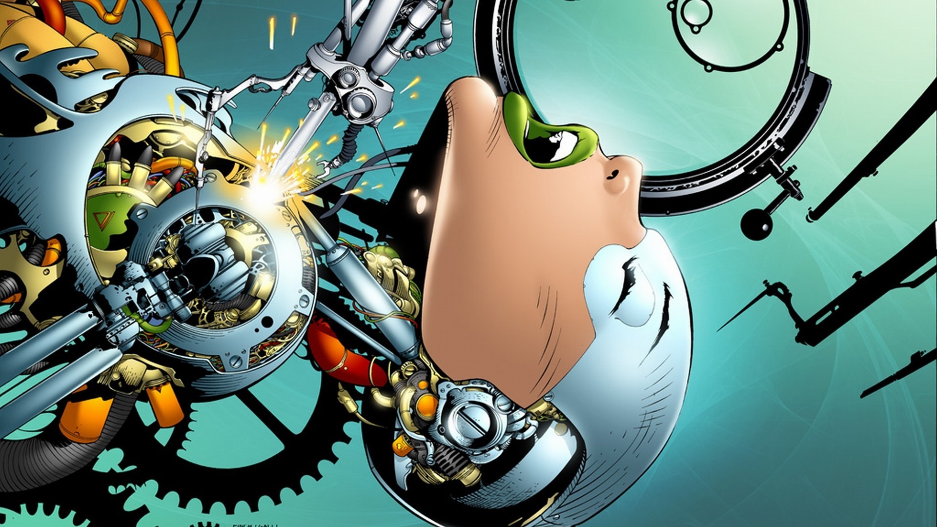 Steampunk robot welding a mechanical egg with a face HD Wallpaper