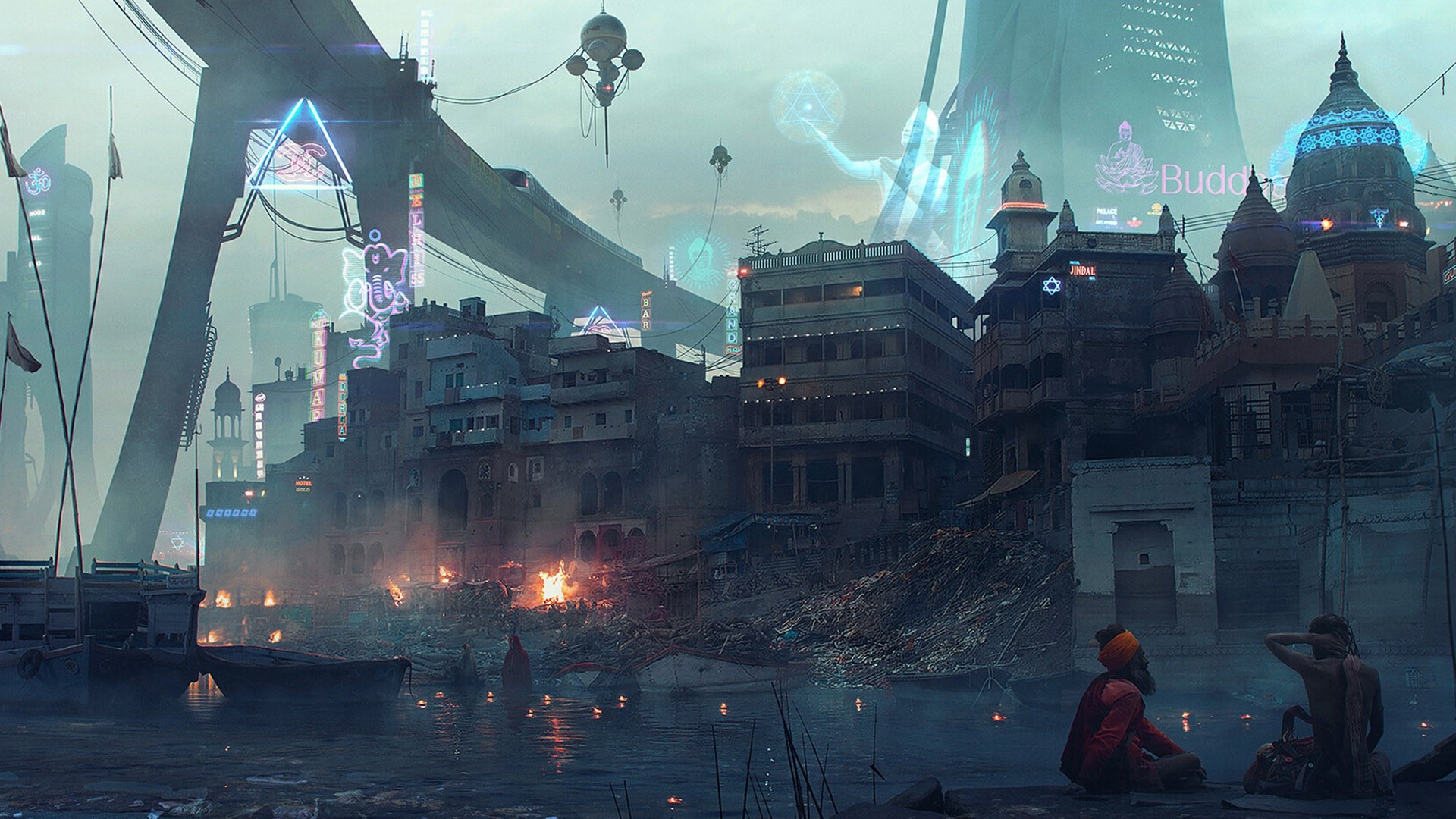 Futuristic Indian cityscape with neon lights and drones HD Wallpaper