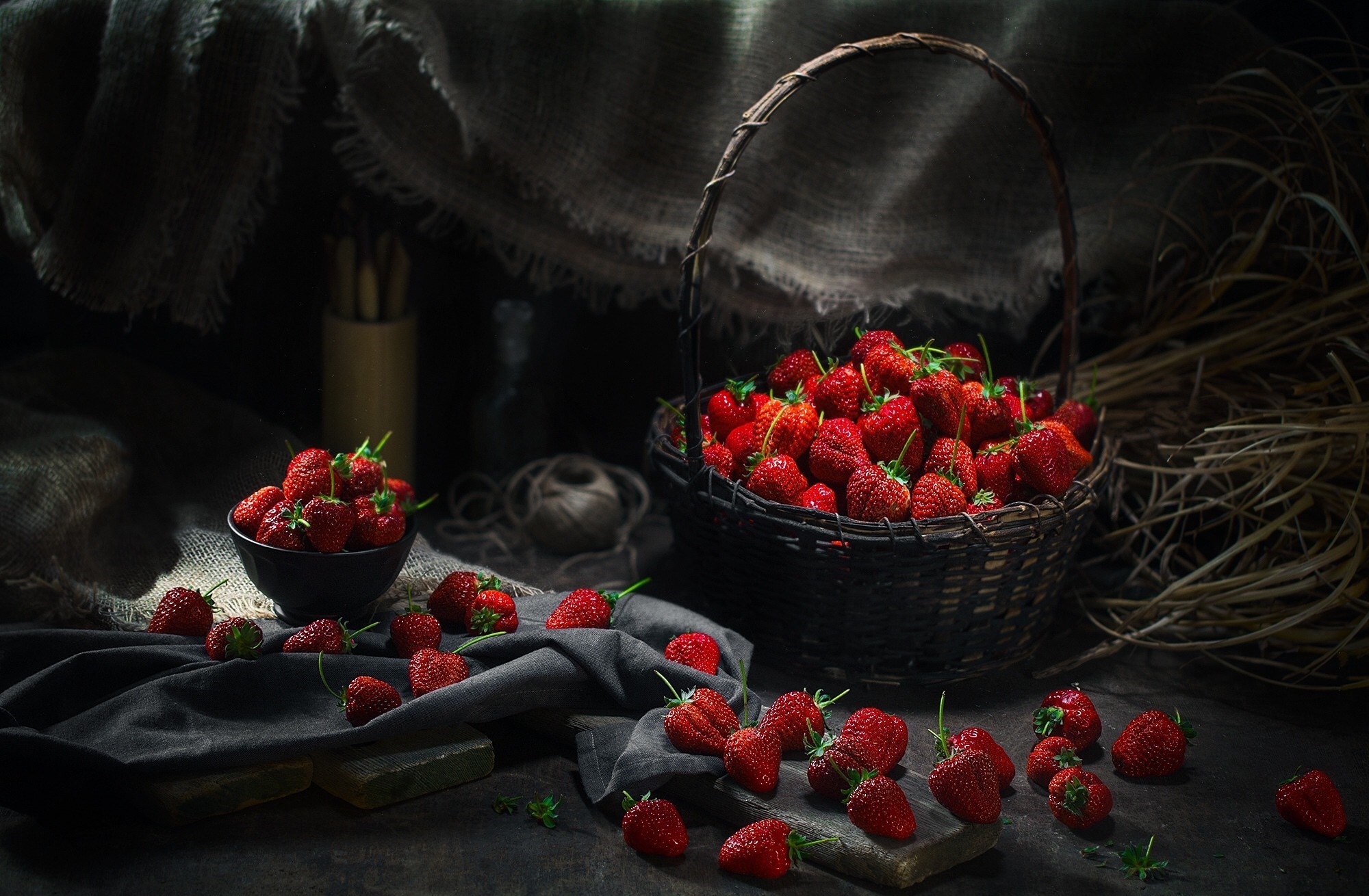 Still life with strawberries in a basket and bowl HD Wallpaper