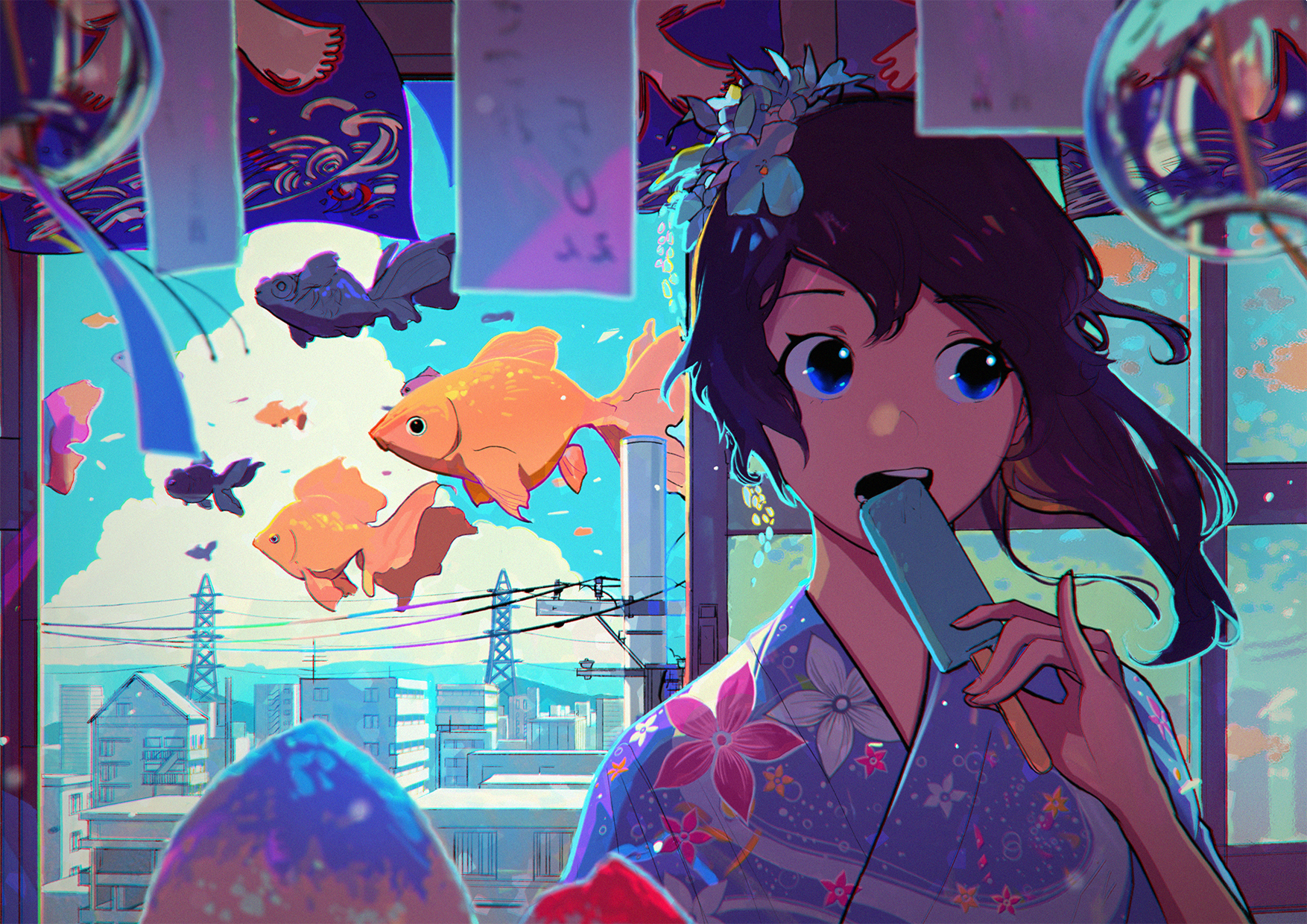 Anime girl in yukata eating popsicle with goldfish HD Wallpaper