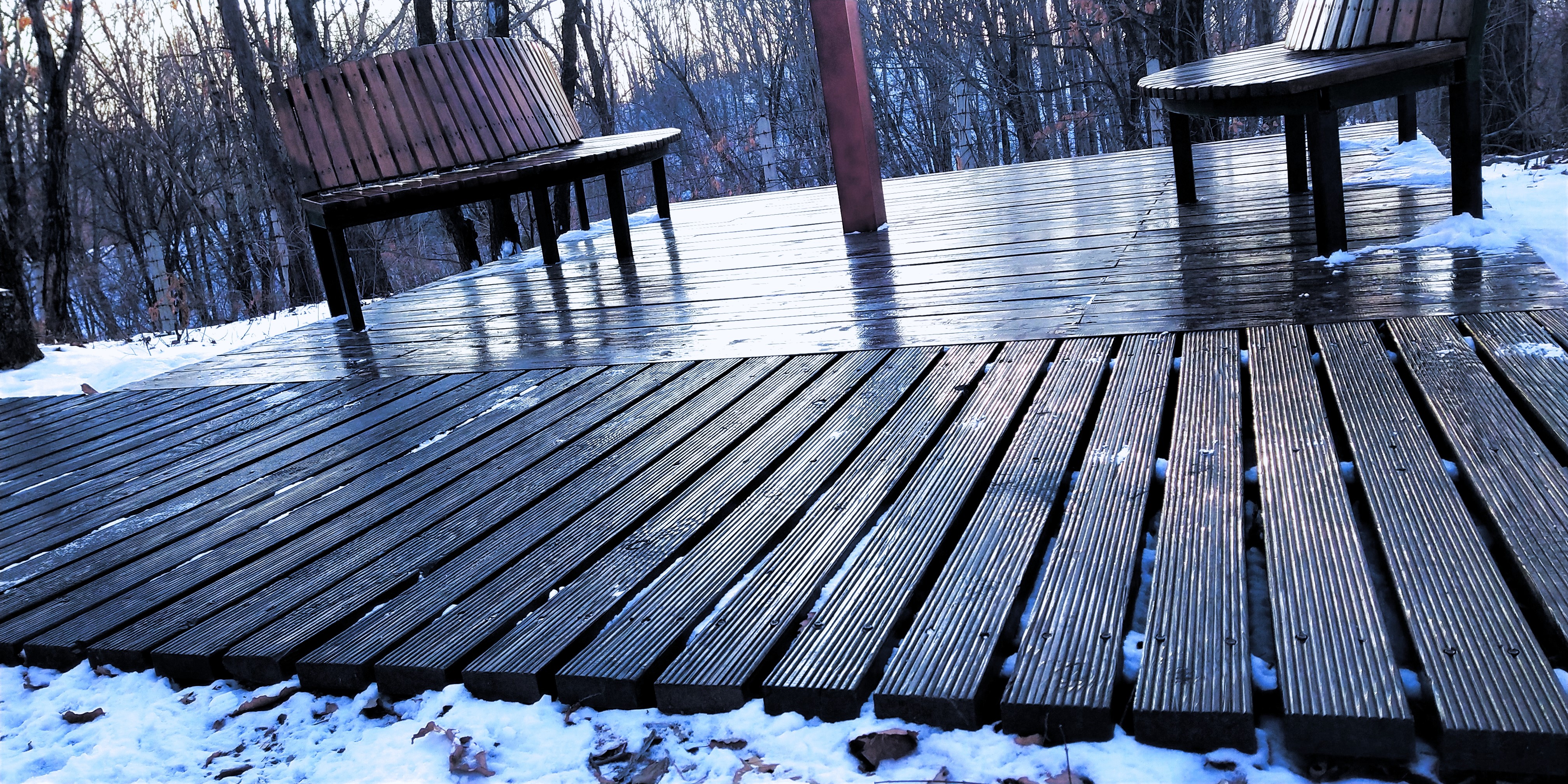 Wooden benches on a deck in winter with snow HD Wallpaper