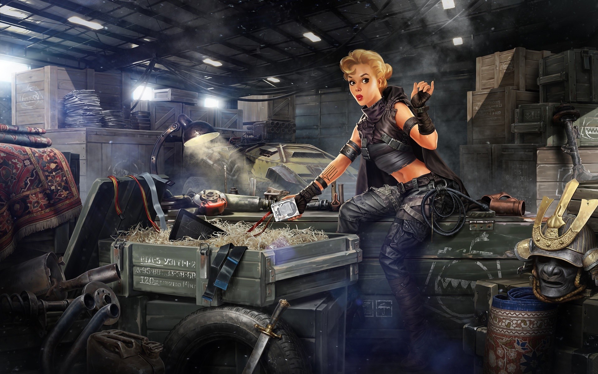 Fantasy girl in a workshop with a vehicle HD Wallpaper