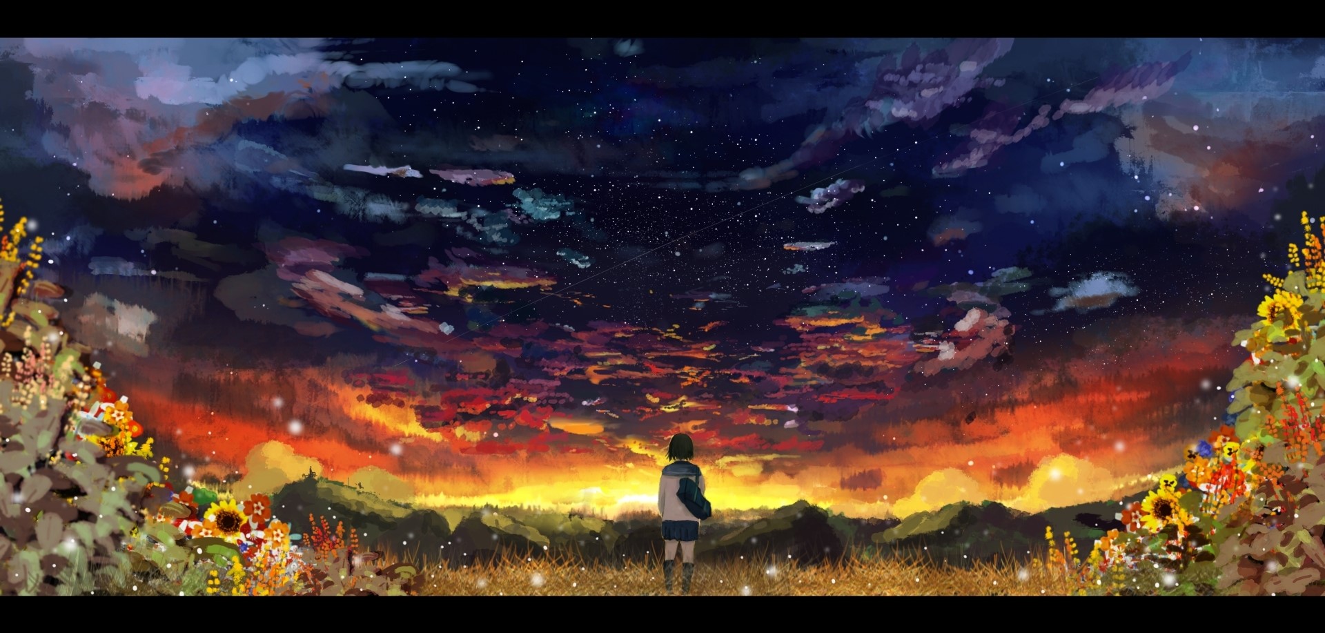 Anime girl looking at a colorful sunset sky with stars HD Wallpaper