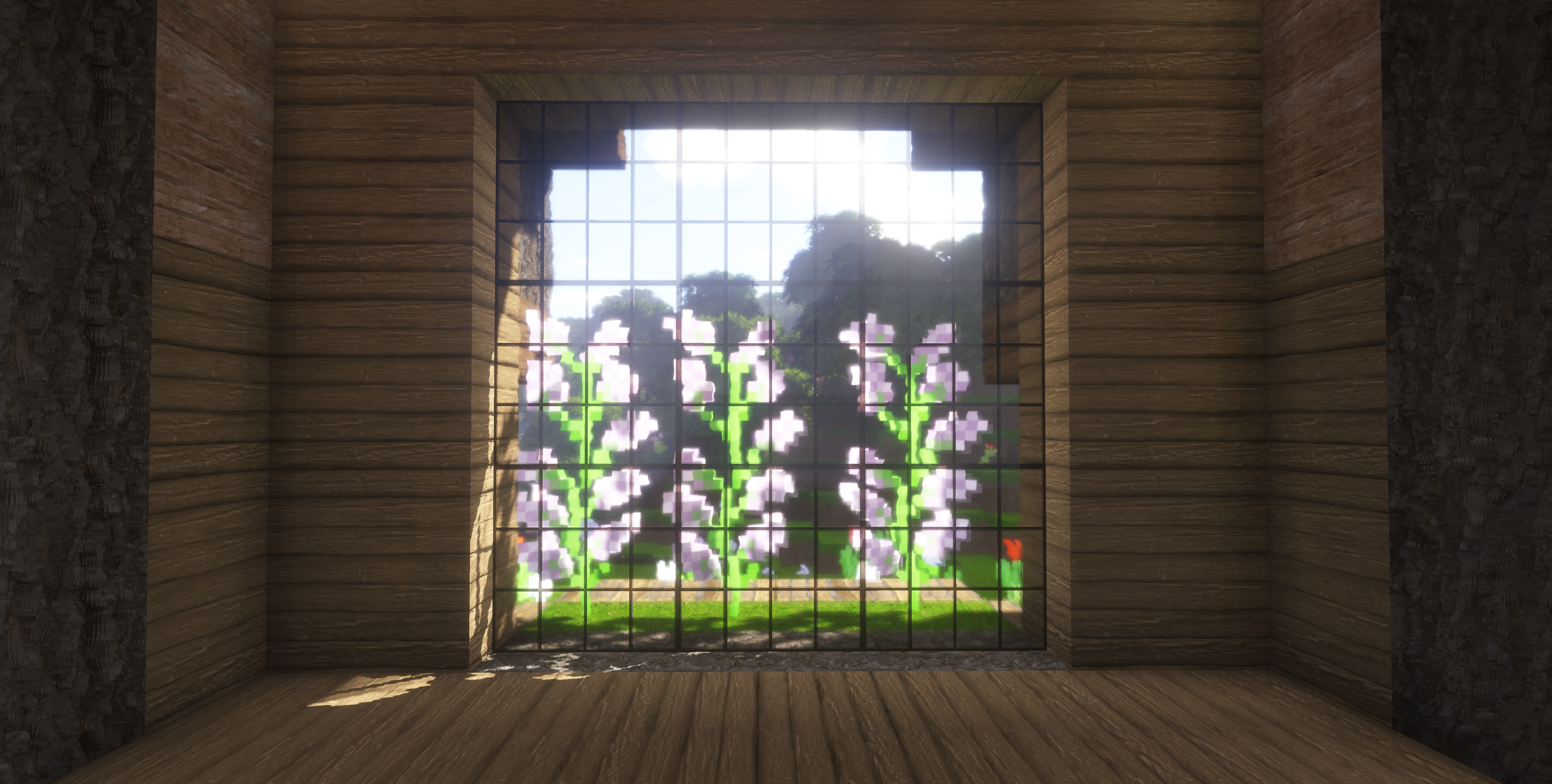 Minecraft screenshot of flowers through a window HD Wallpaper