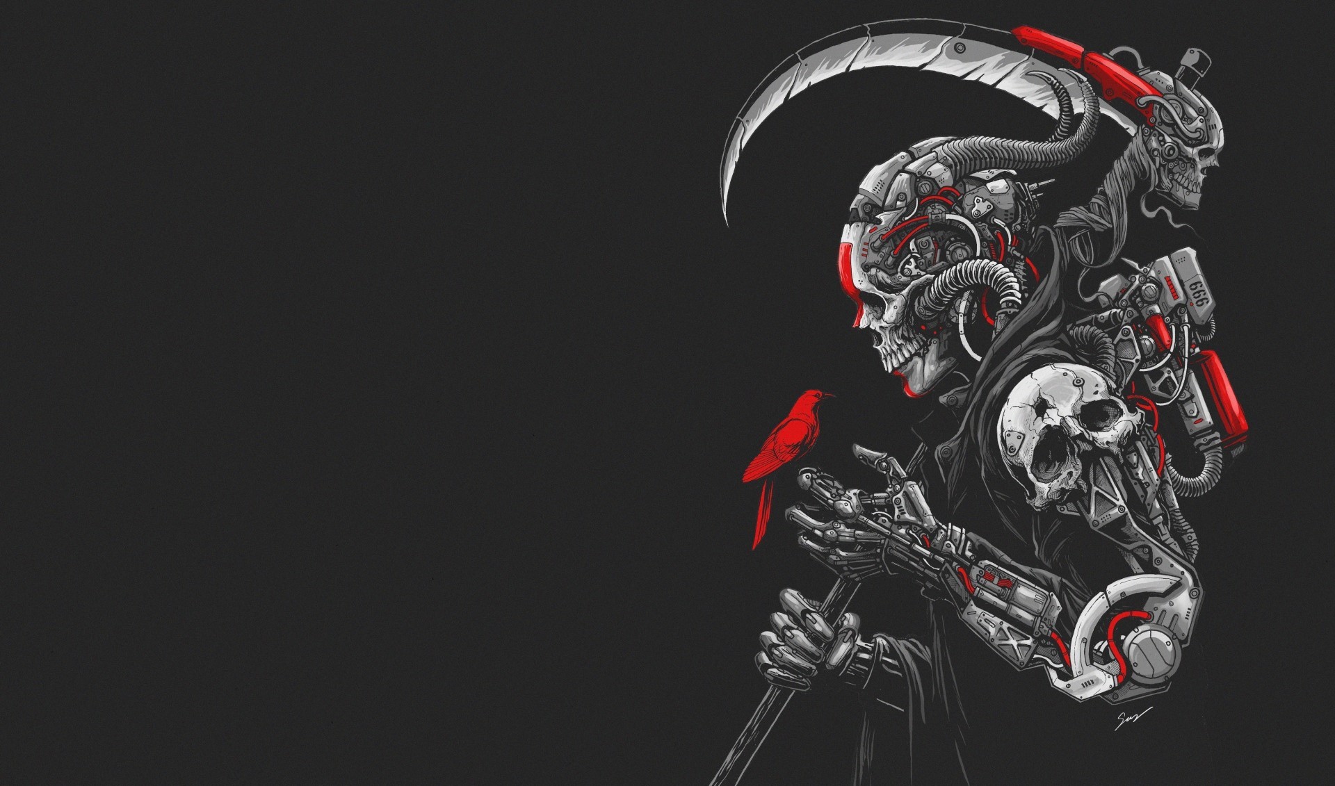 Grim Reaper with mechanical skull and red bird HD Wallpaper
