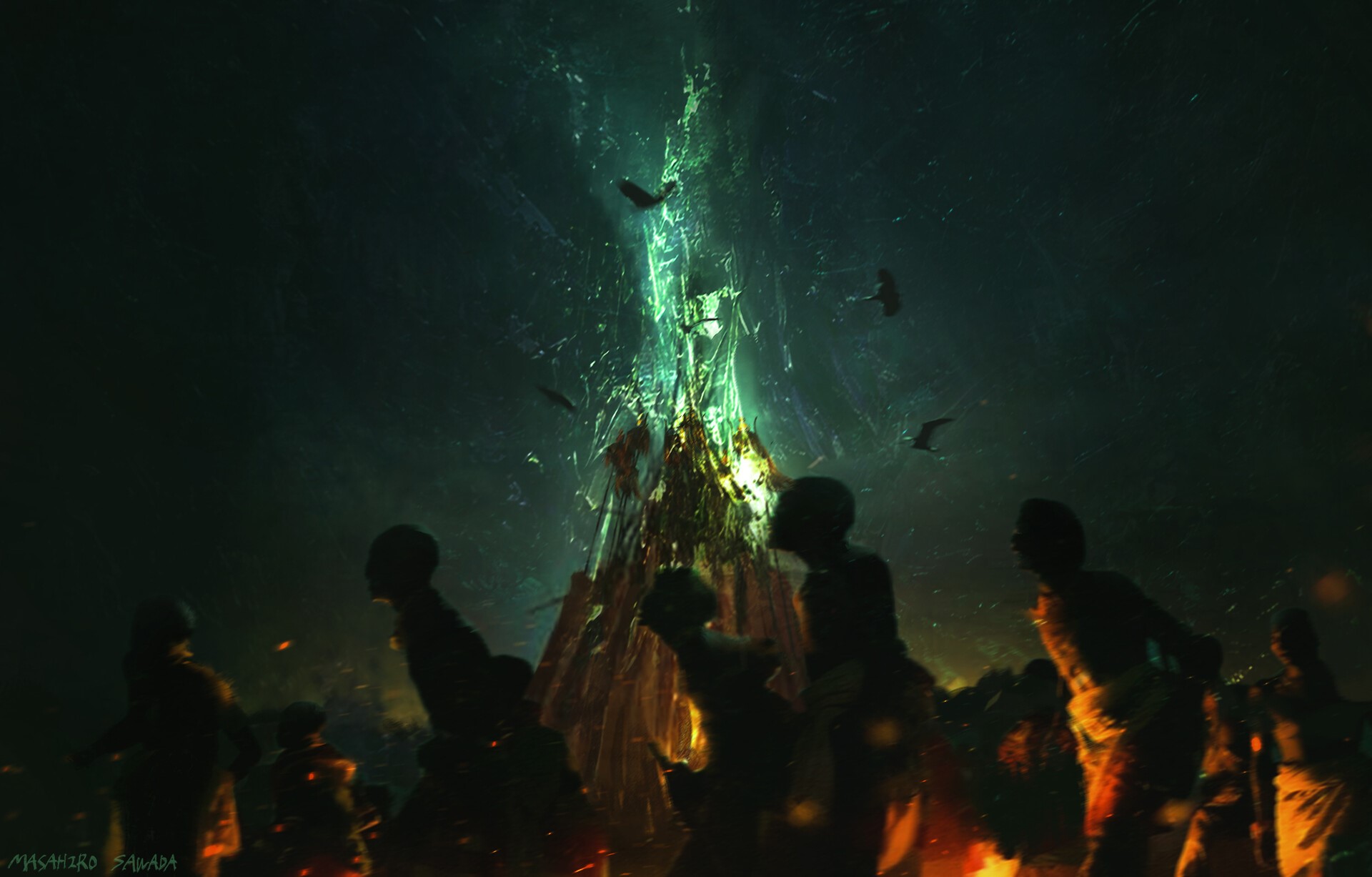 People gathered around a glowing green structure with birds flying HD Wallpaper