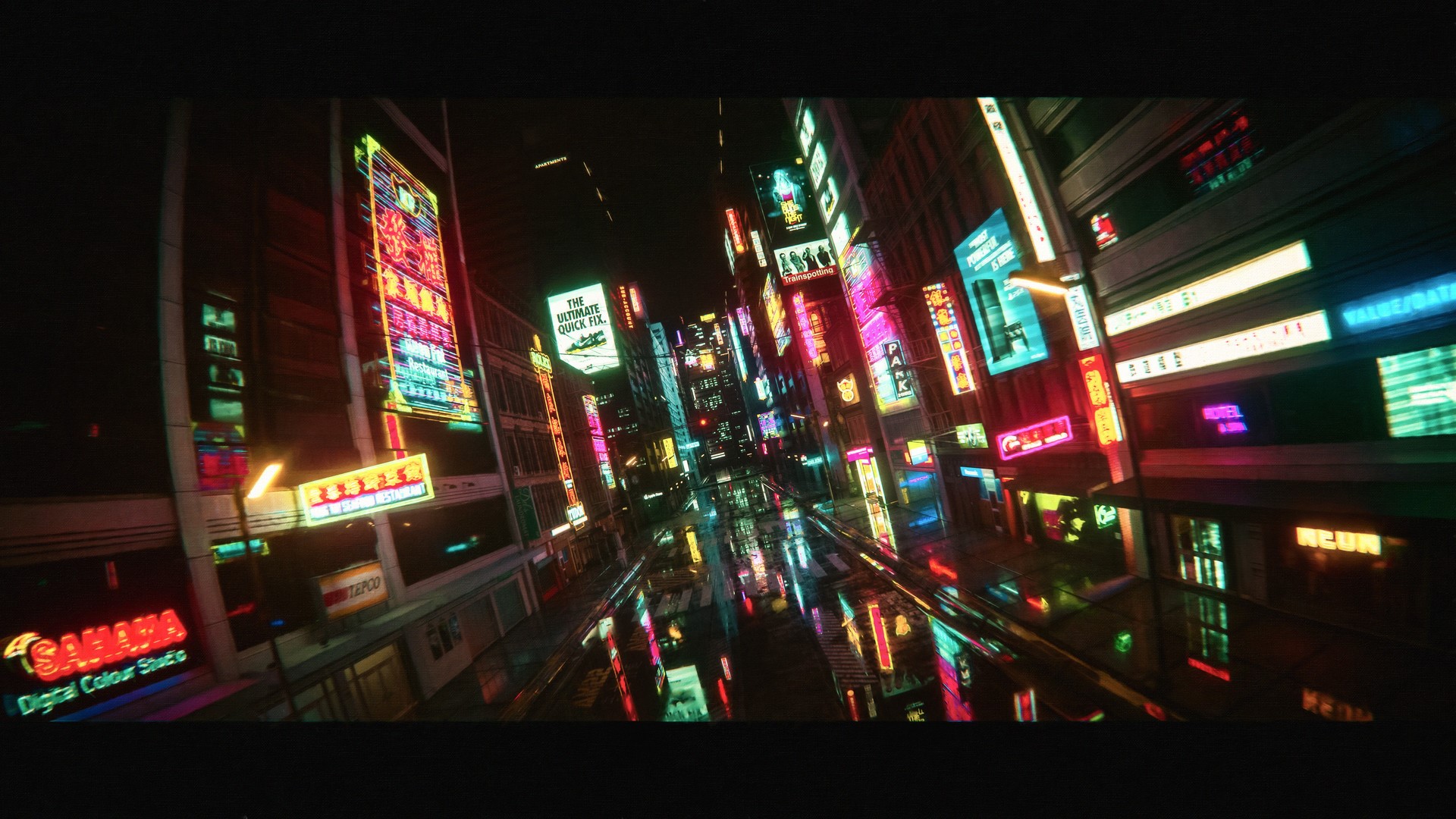 Neon city street at night with reflections HD Wallpaper