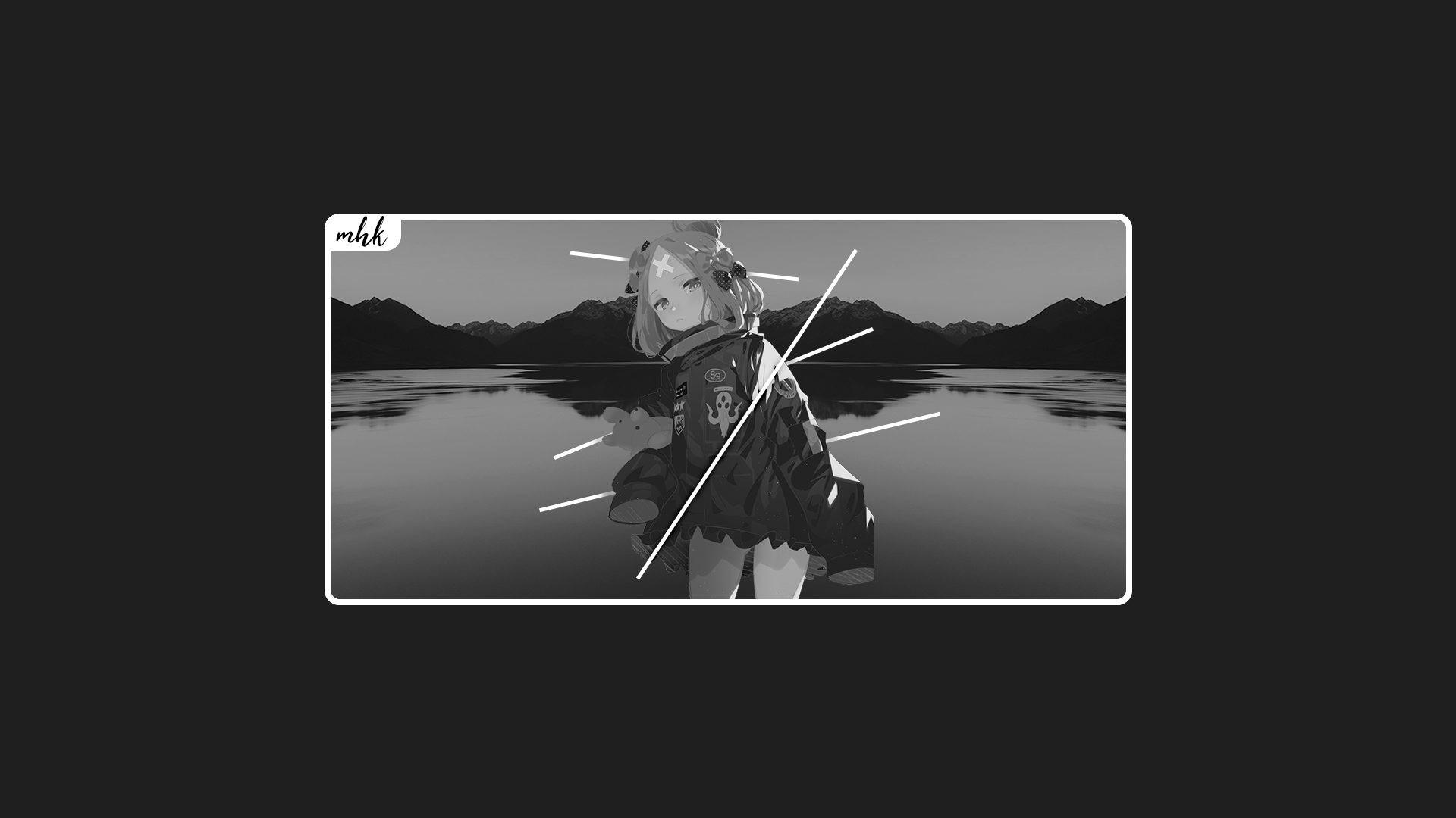 Anime girl with toy in monochrome landscape HD Wallpaper