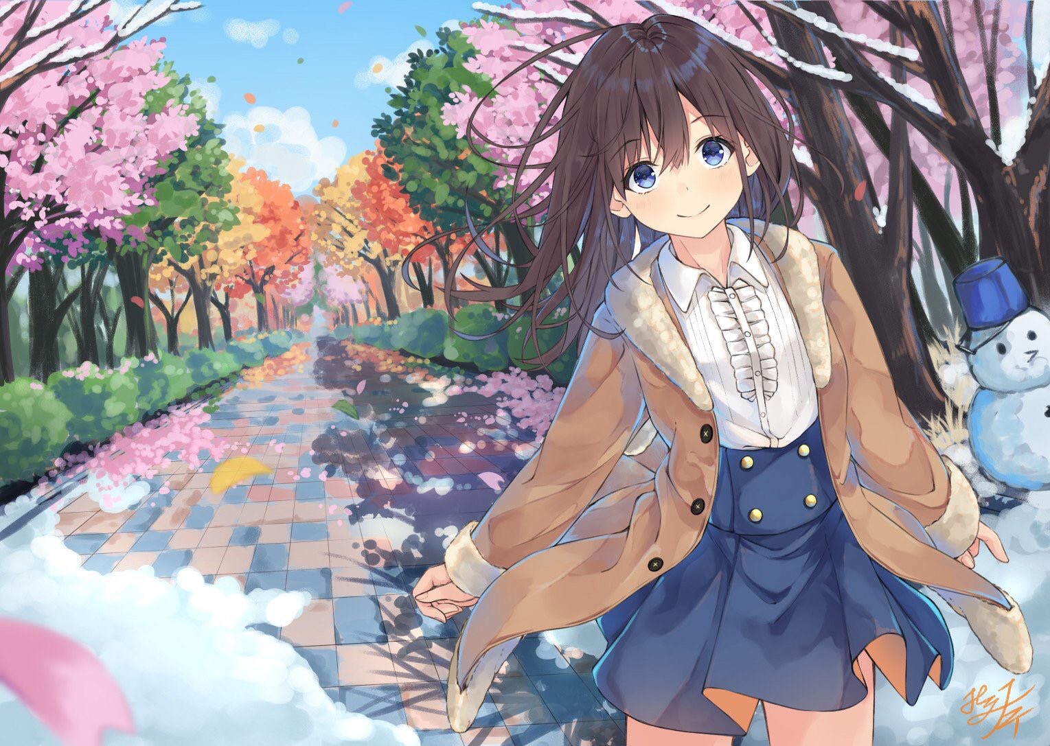 Anime girl in a coat walking on a path with trees HD Wallpaper