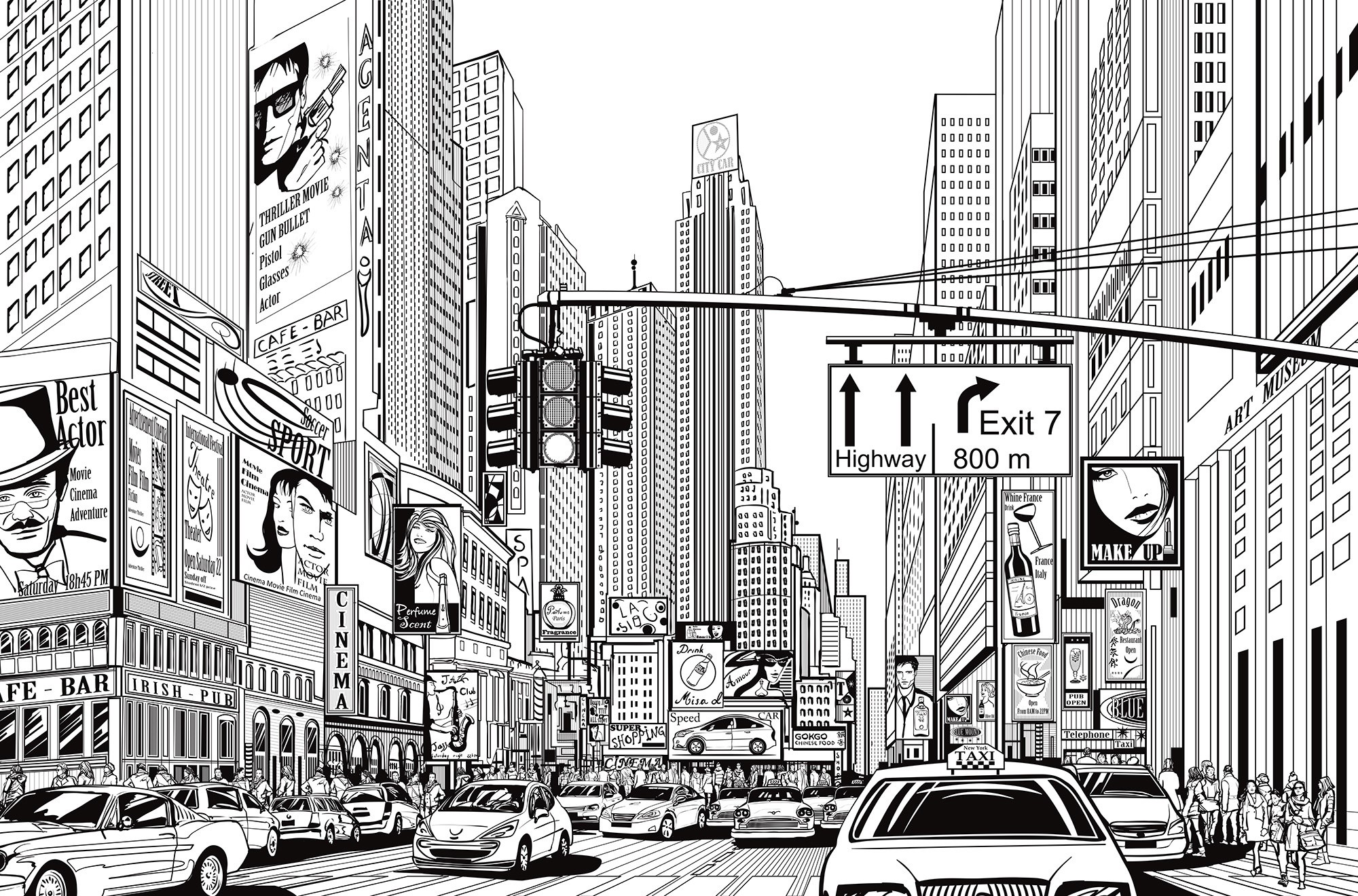Black and white cityscape with billboards and traffic HD Wallpaper