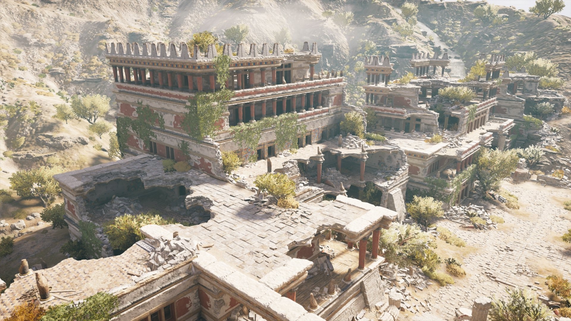 Ruined ancient palace in a rocky, arid landscape HD Wallpaper