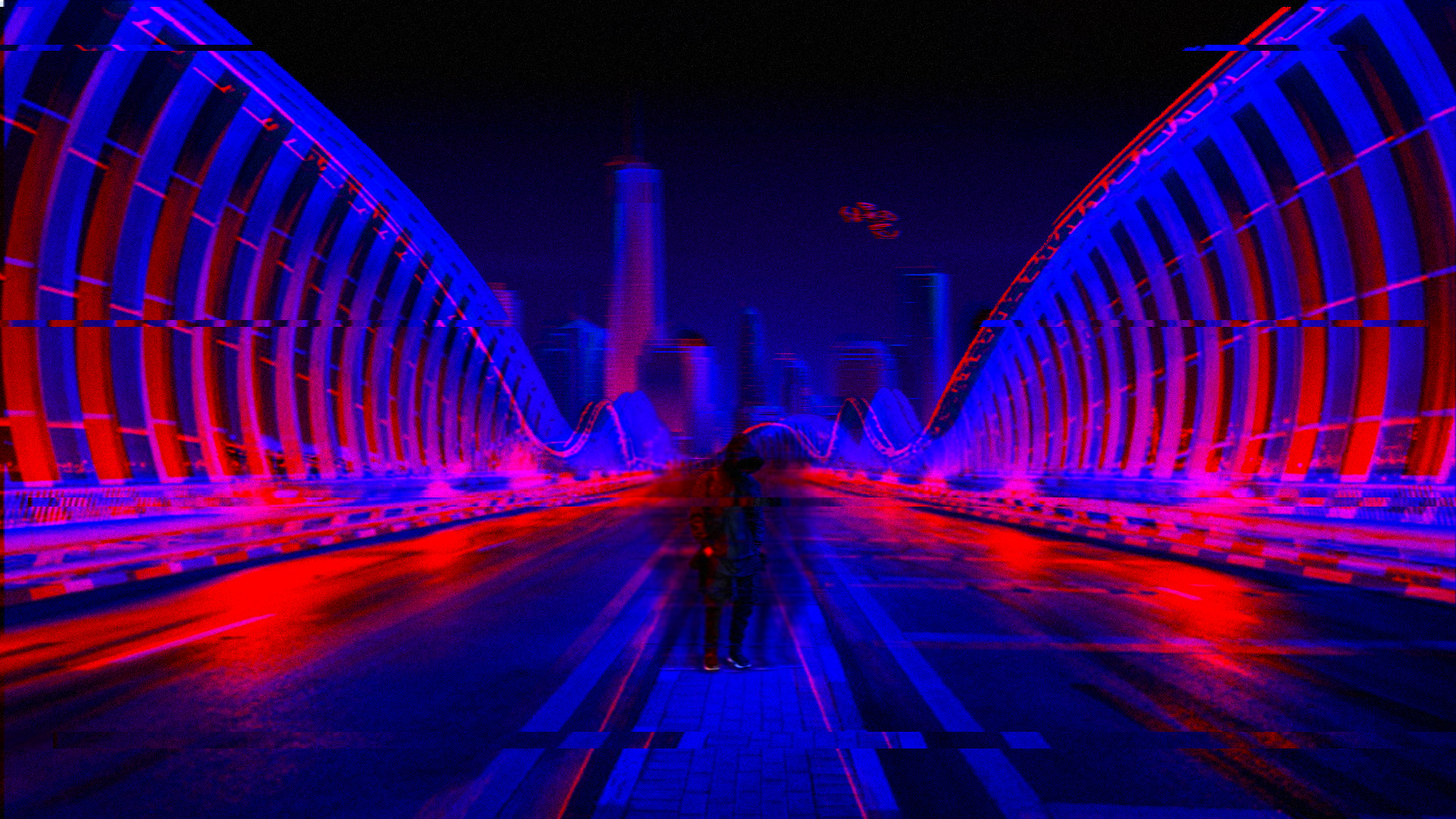 Person on a futuristic bridge with city skyline HD Wallpaper