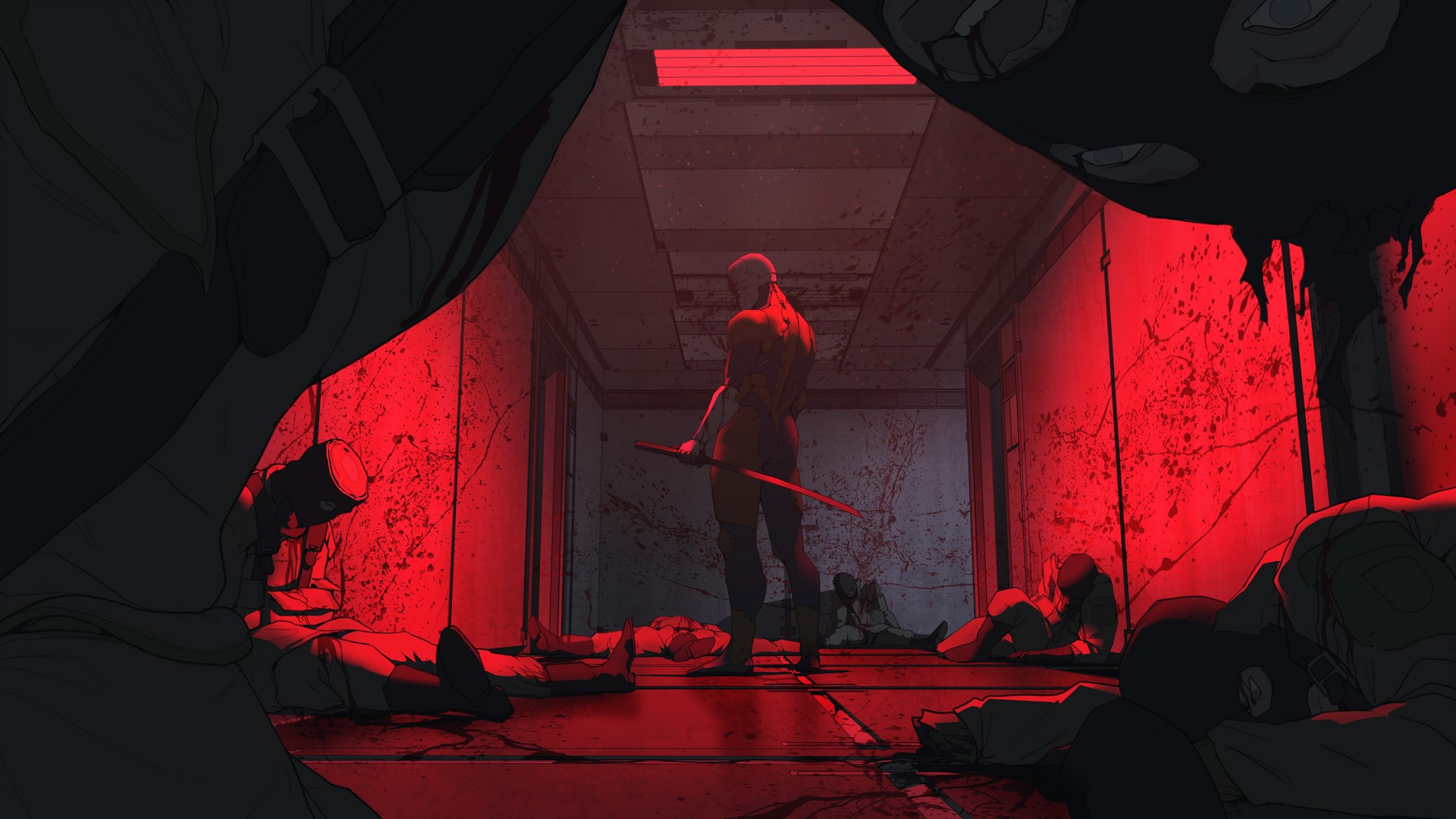 Grey Fox from Metal Gear Solid with Katana in Bloody Hallway HD Wallpaper