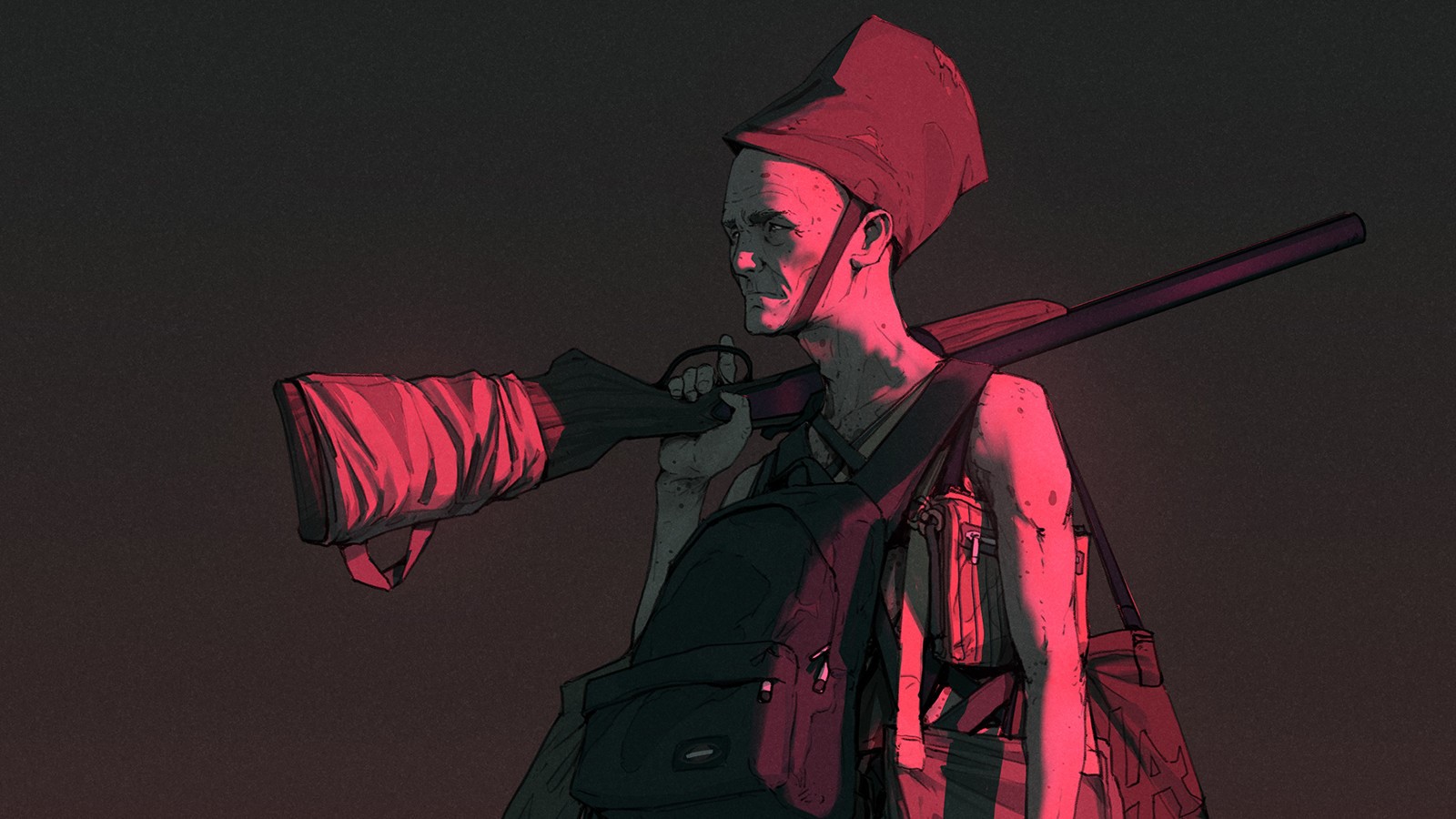 Man with a gun and backpack, concept art HD Wallpaper