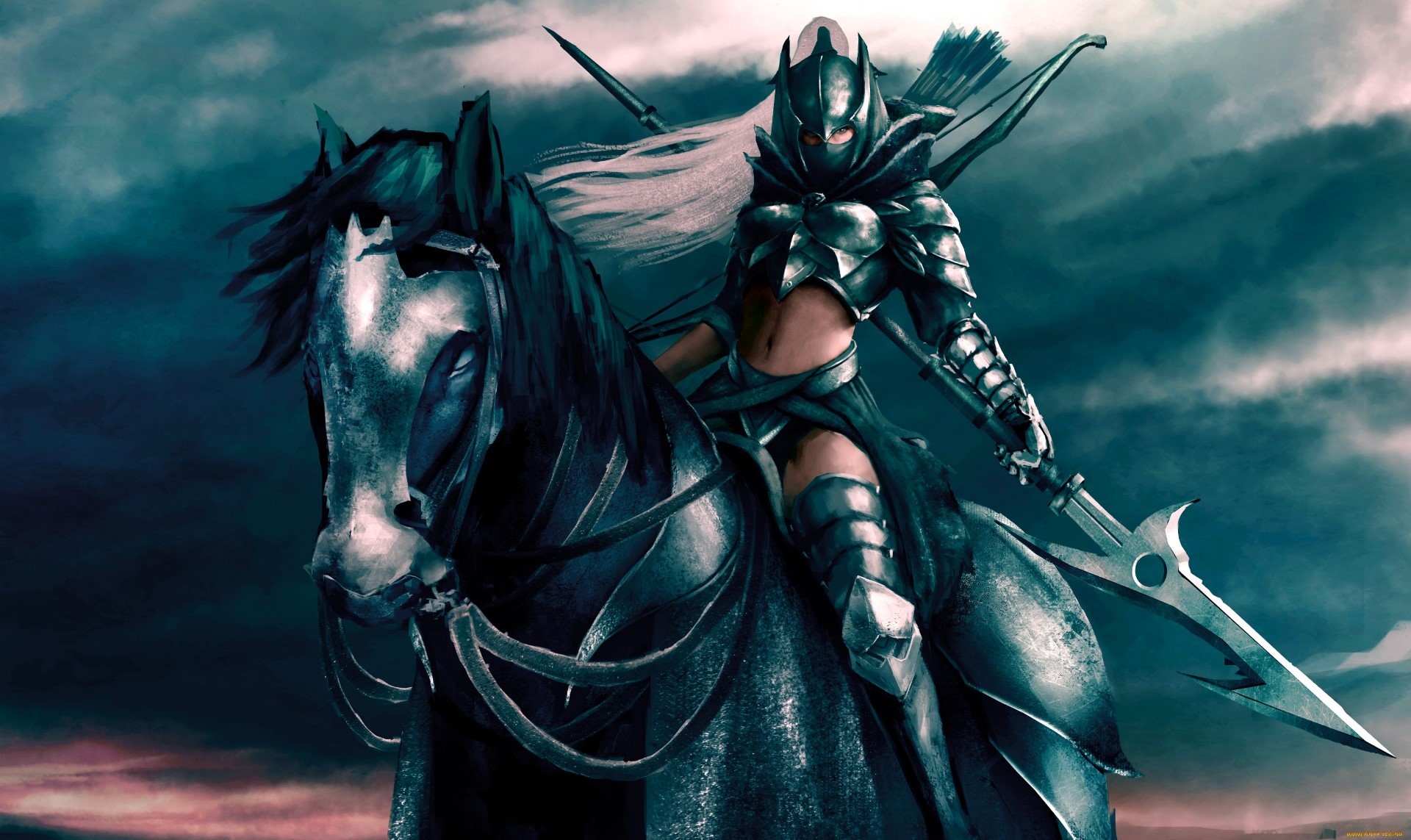 Fantasy warrior woman on horseback with bow and spear HD Wallpaper
