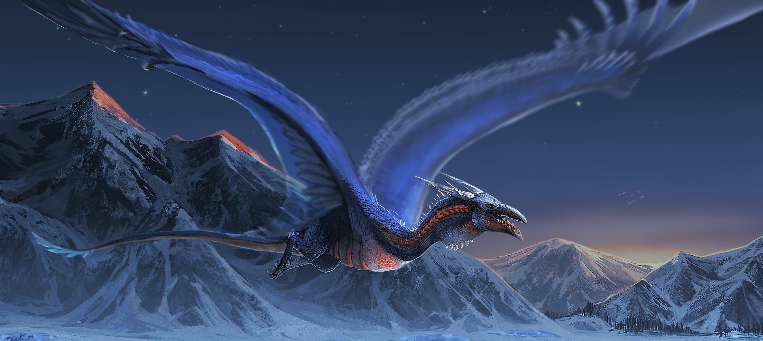 Fantasy art of a blue dragon flying over snowy mountains HD Wallpaper