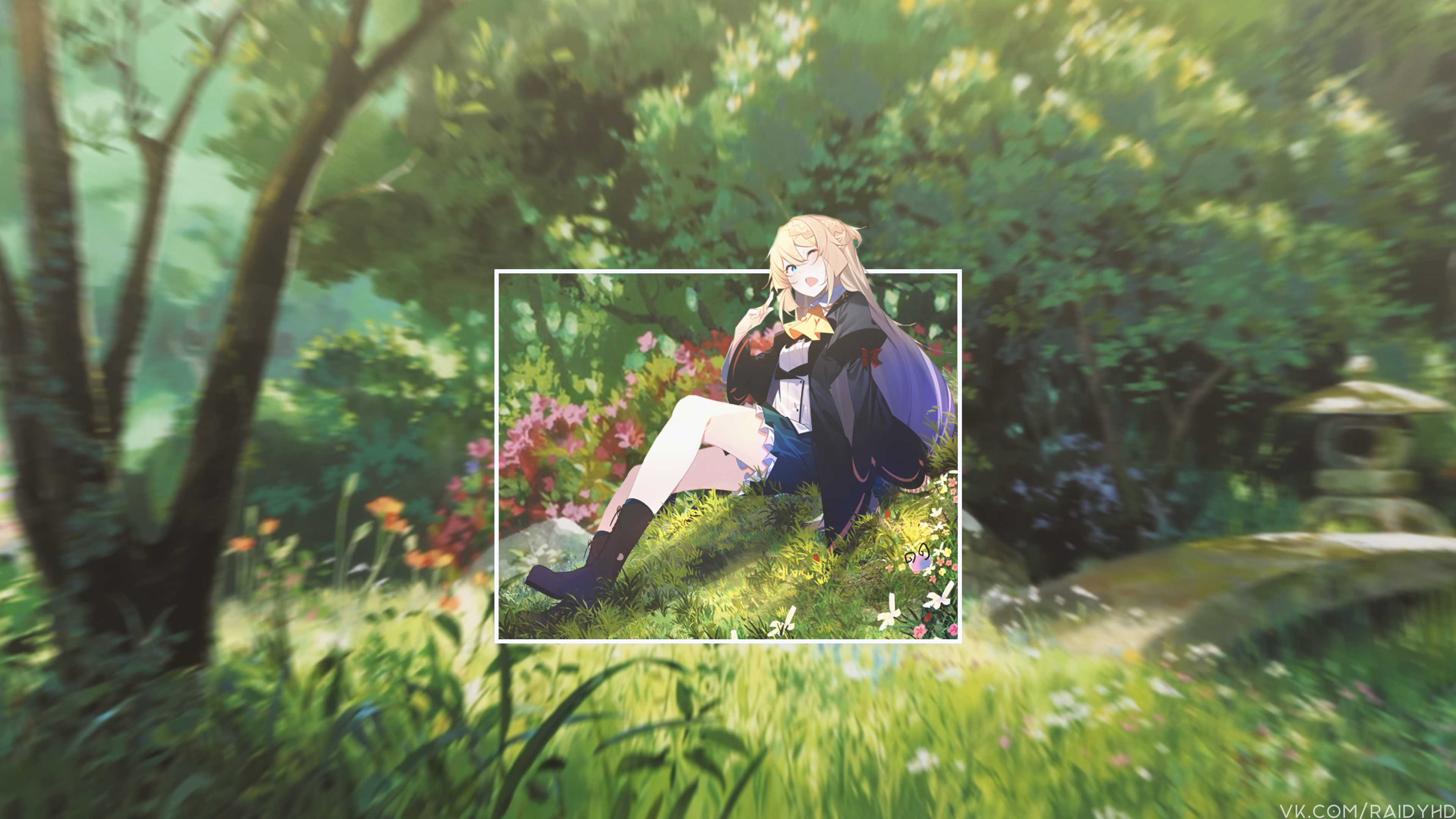 Anime girl sitting in a garden HD Wallpaper