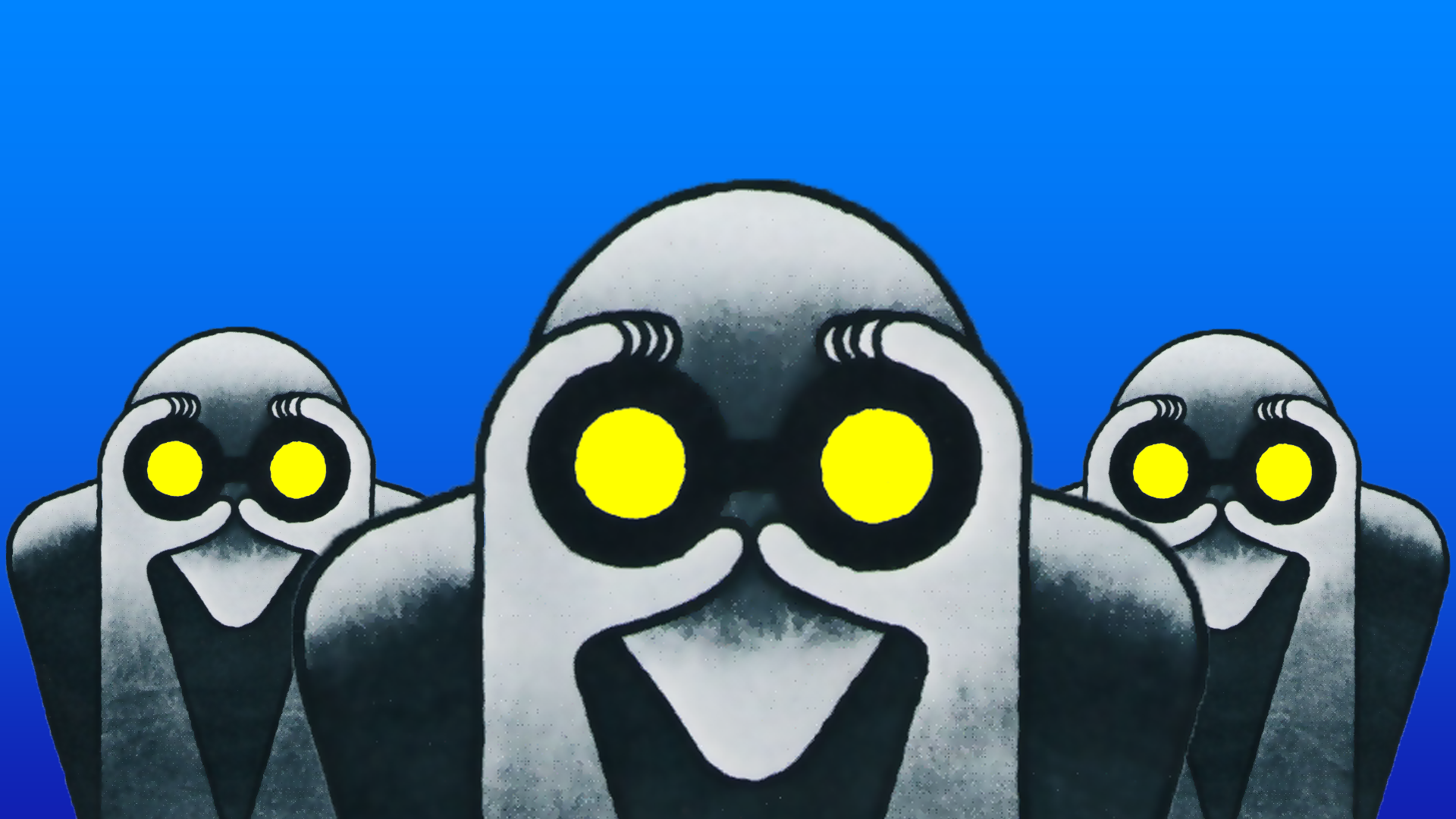 Three abstract figures with yellow eyes looking through binoculars HD Wallpaper