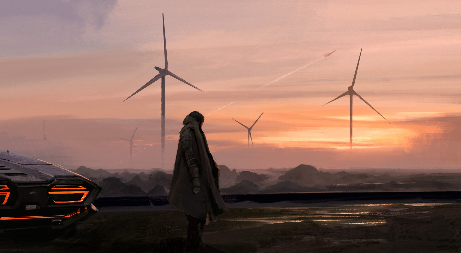 Person and futuristic car near wind turbines at sunset HD Wallpaper