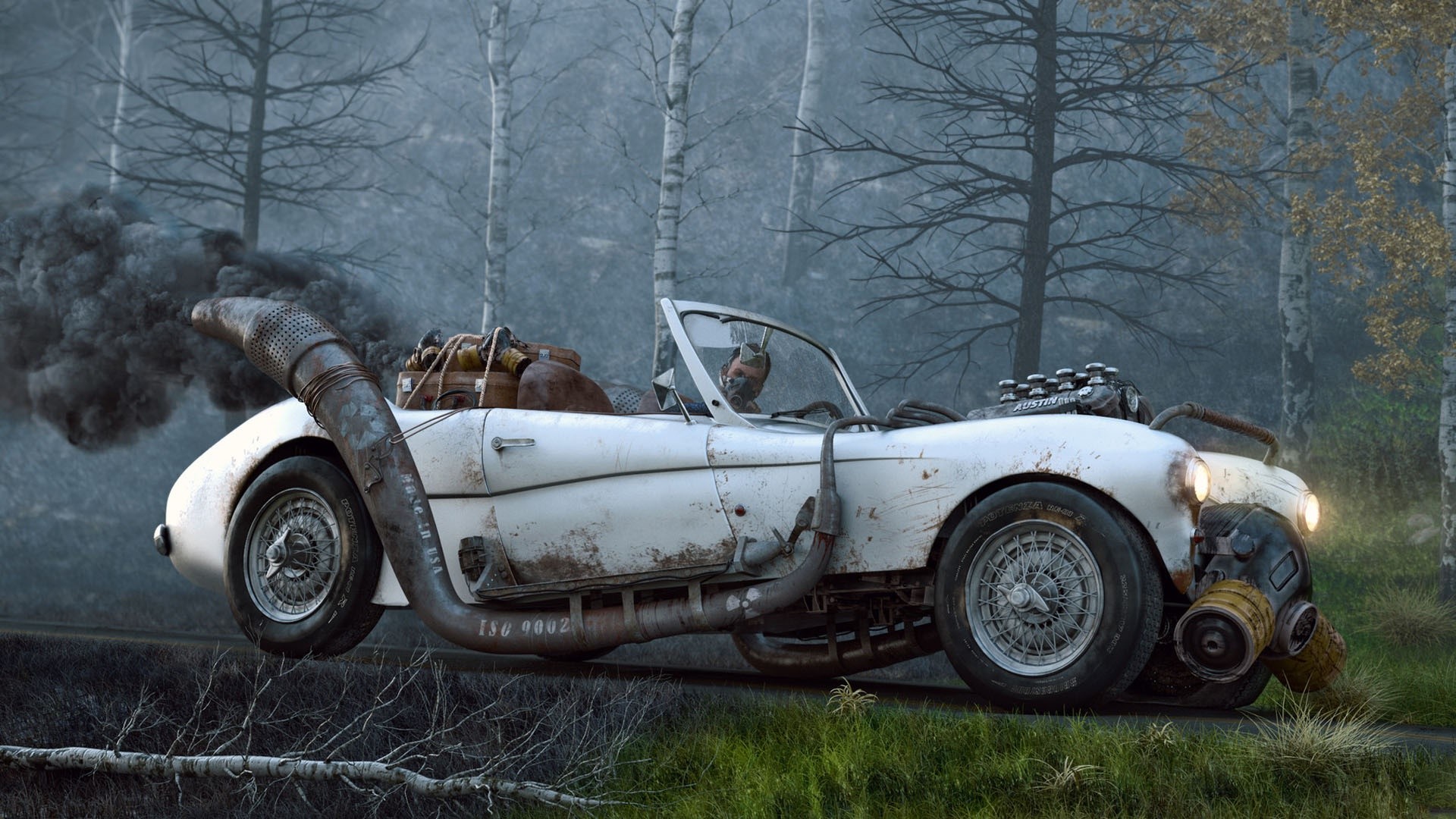 Post-apocalyptic car with driver and smoke HD Wallpaper