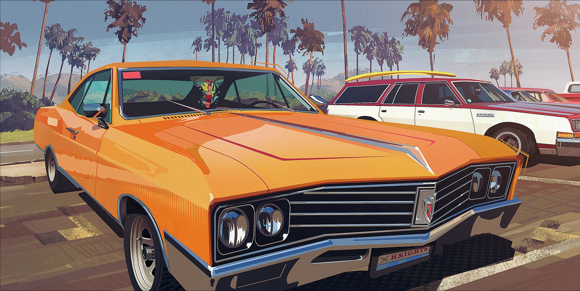 Orange classic car parked with palm trees and station wagon HD Wallpaper