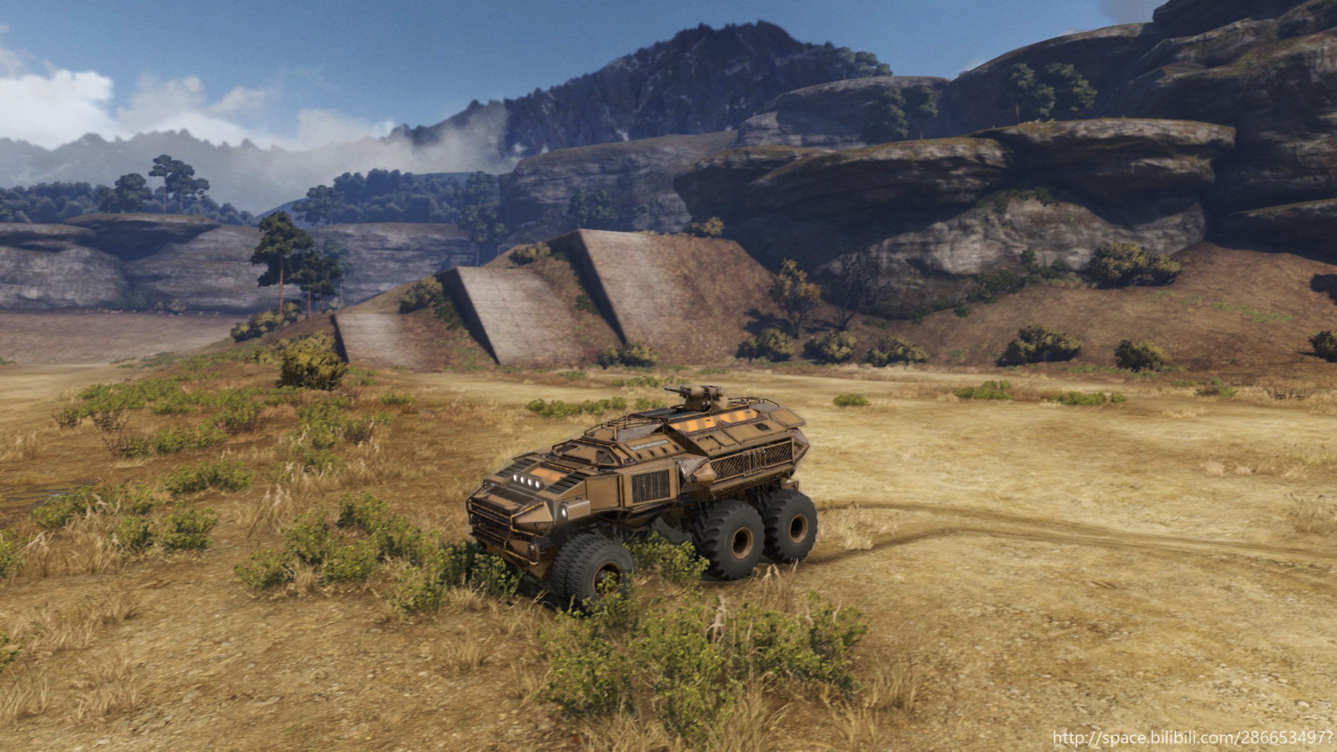 Science fiction armored vehicle in a rocky landscape HD Wallpaper