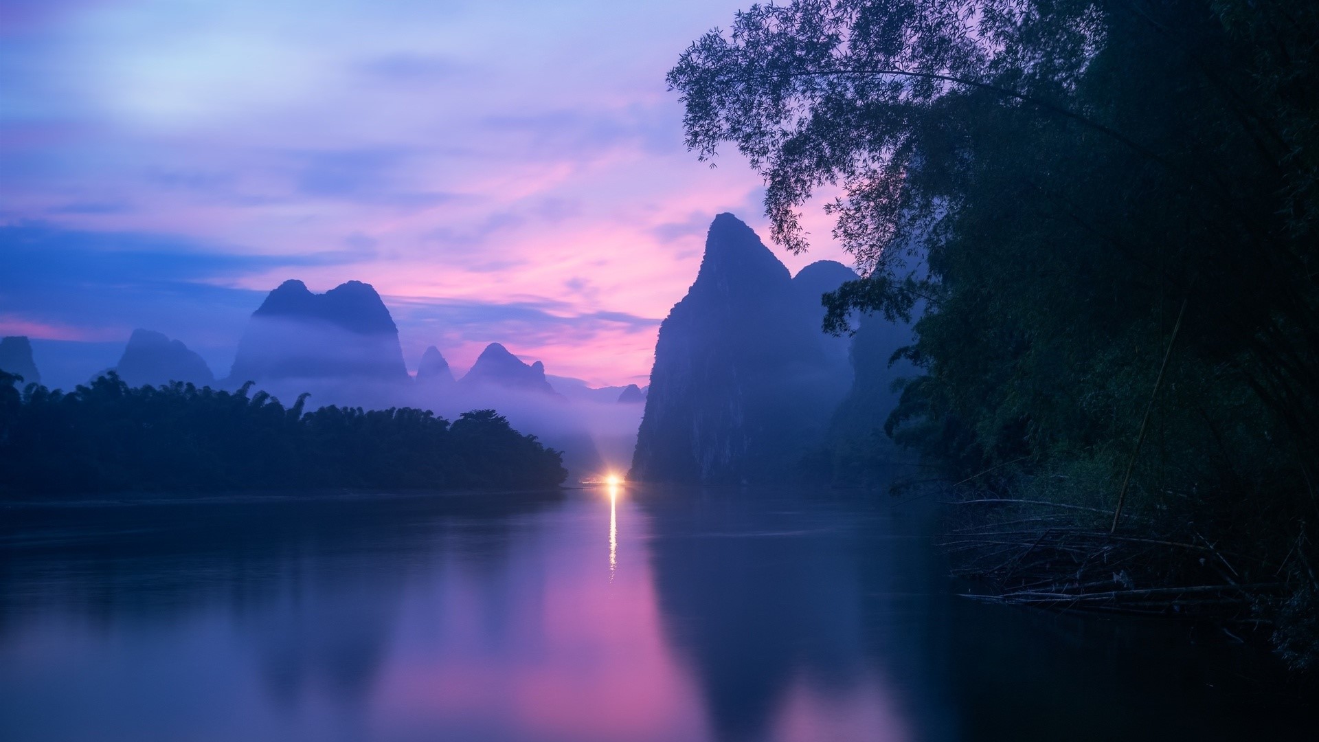 Misty mountains and river at sunrise in China HD Wallpaper