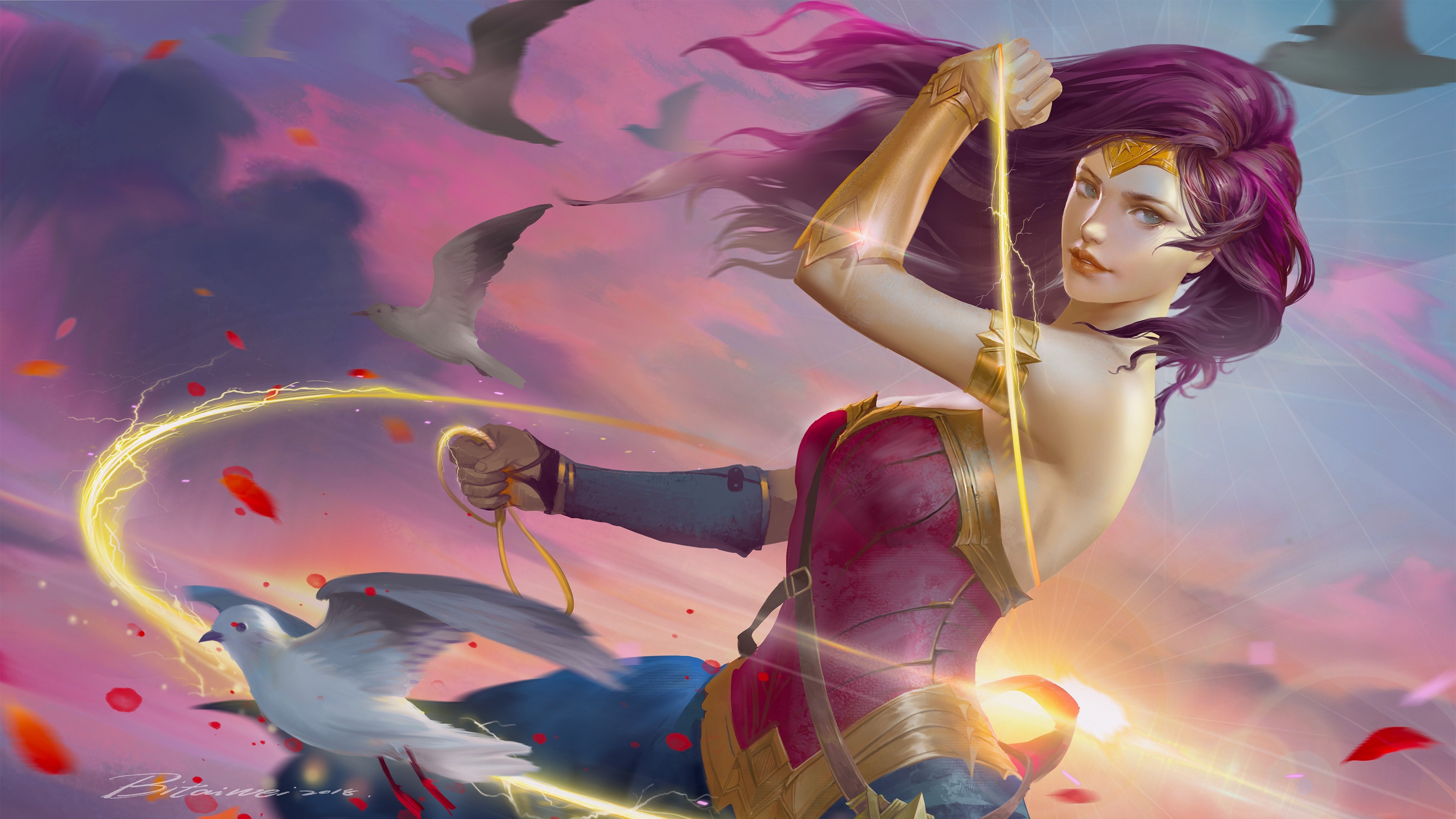 Wonder Woman with purple hair and lasso, birds, fantasy art HD Wallpaper