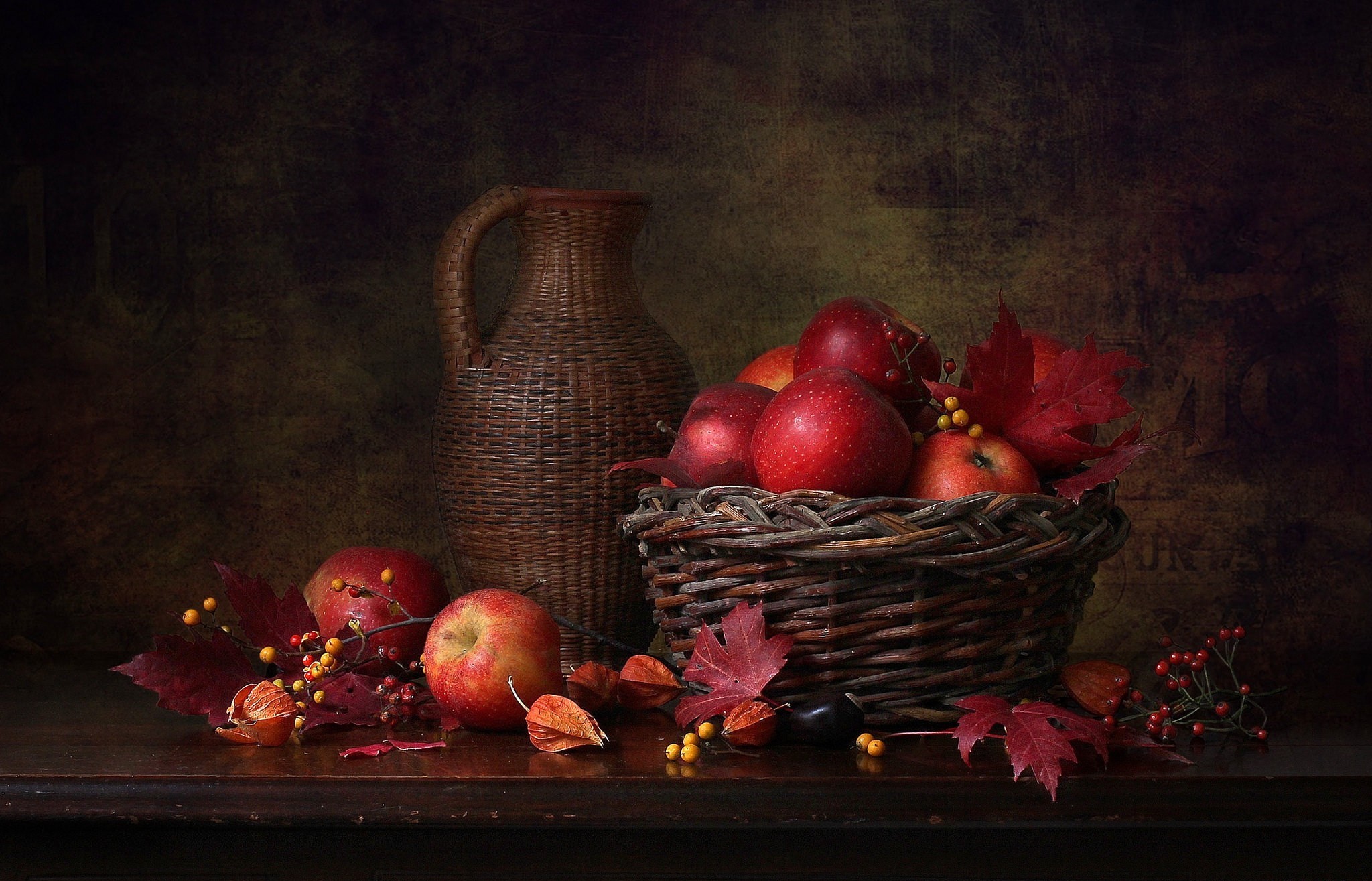 Still life of apples in a basket with a woven jug HD Wallpaper