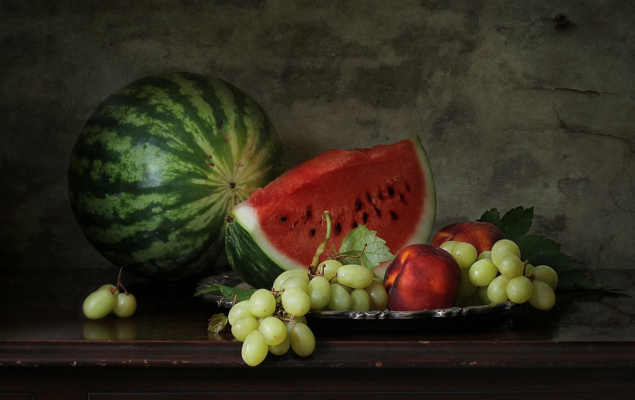 Still life with watermelon, peaches, and grapes HD Wallpaper