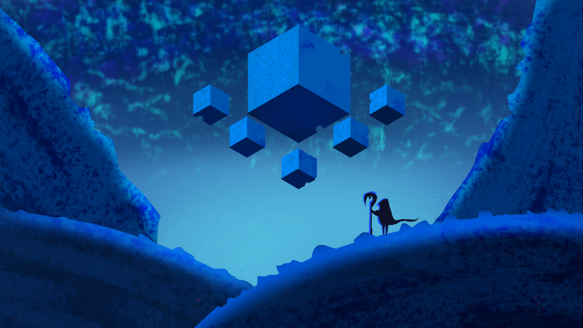 Floating blue cubes above a fantasy landscape with a figure HD Wallpaper