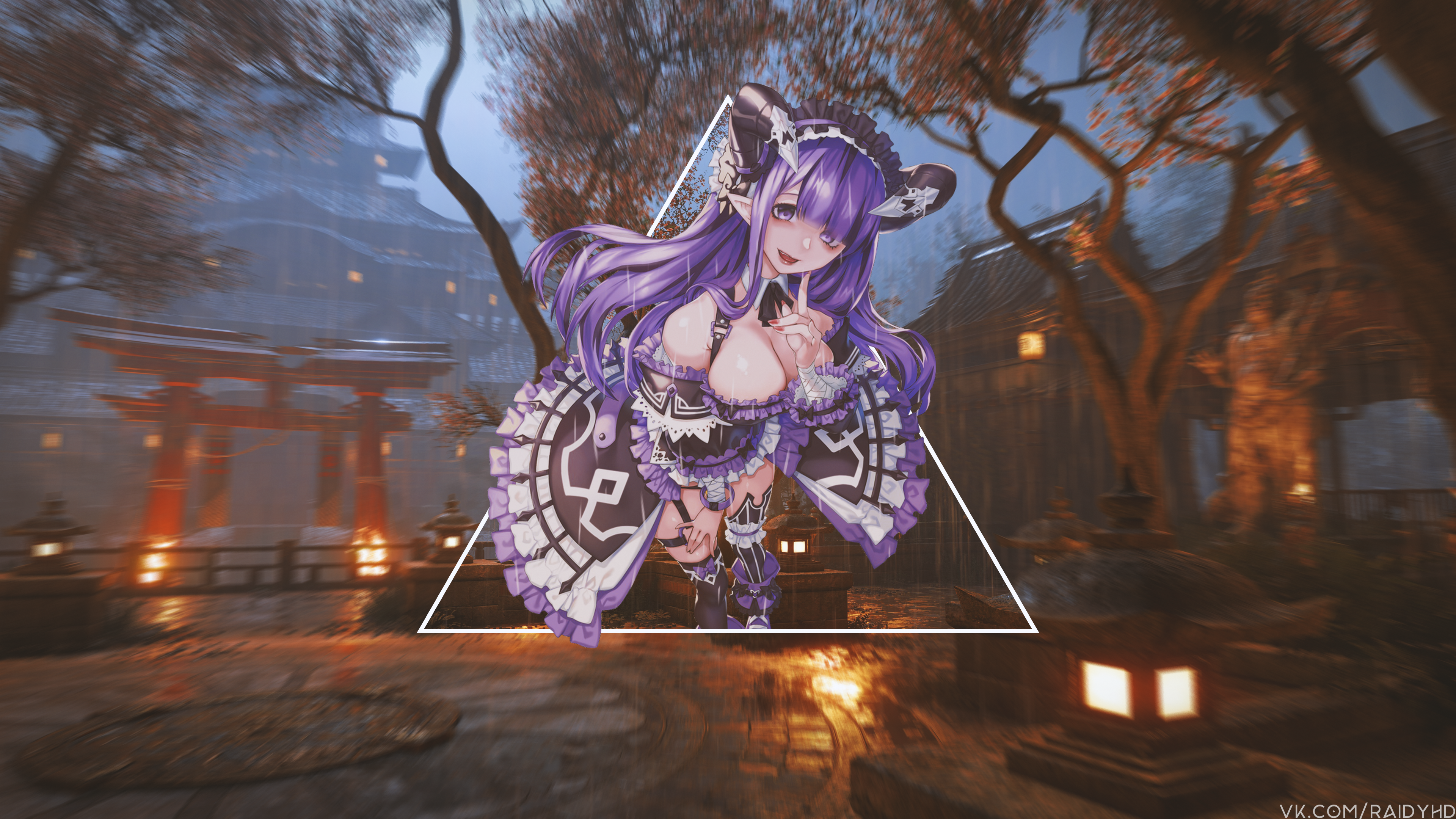 Anime girl with purple hair and horns HD Wallpaper