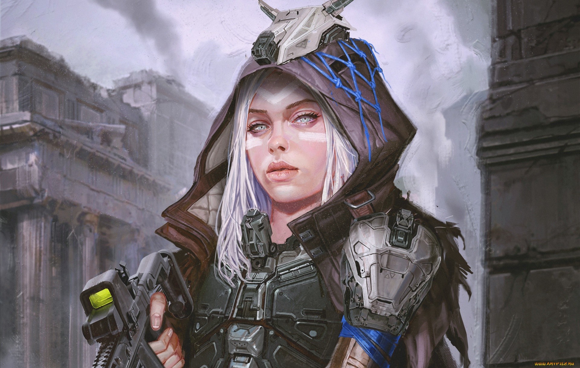Woman with futuristic armor and weapon in ruins HD Wallpaper