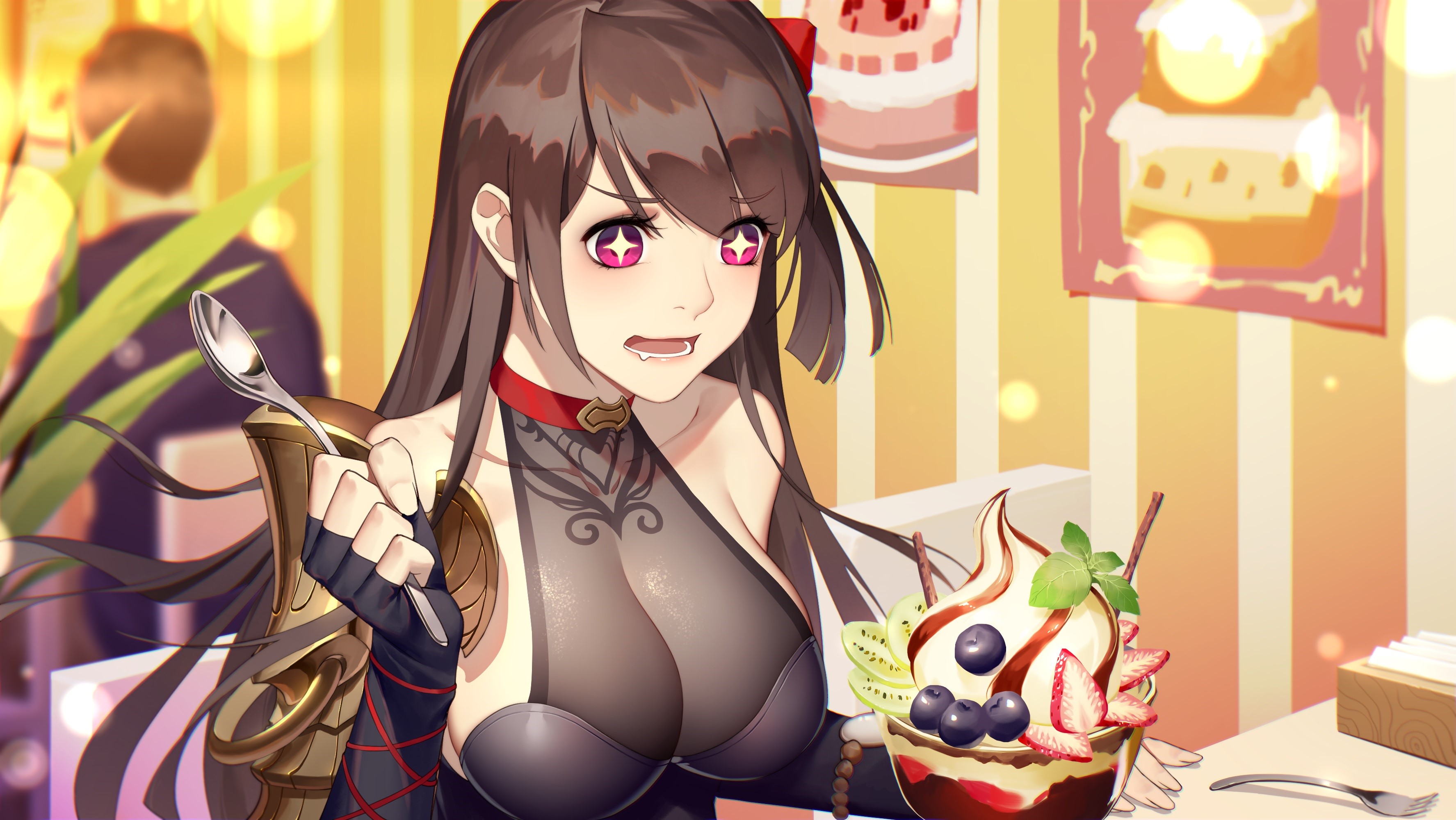 Anime girl with purple eyes eating ice cream HD Wallpaper