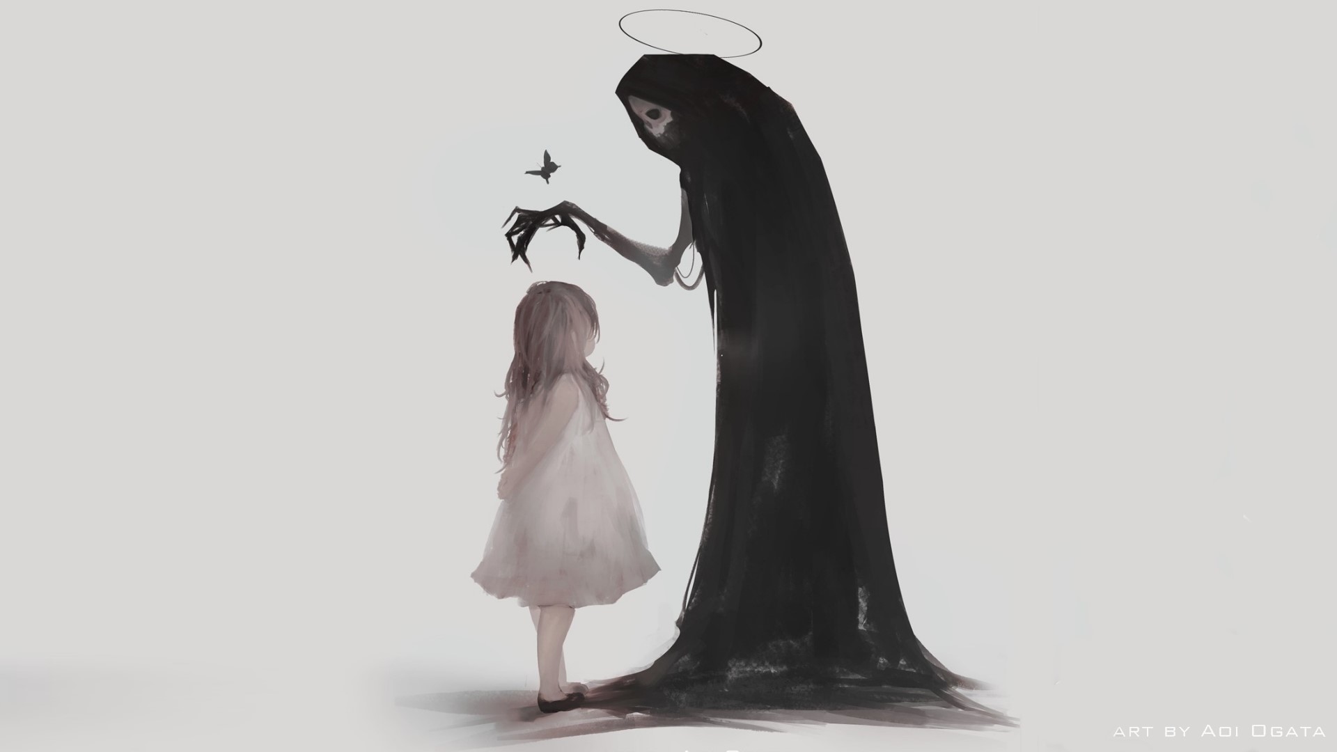 Girl and Grim Reaper with Halo and Butterfly HD Wallpaper