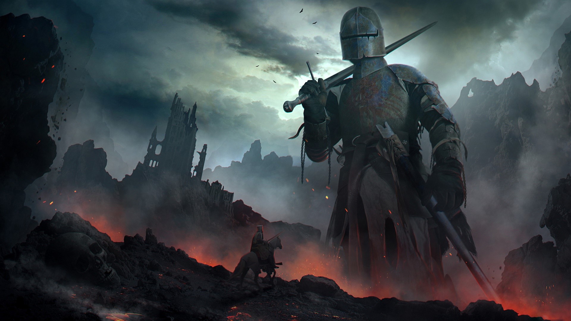 Knight in a desolate, fiery landscape with ruins HD Wallpaper