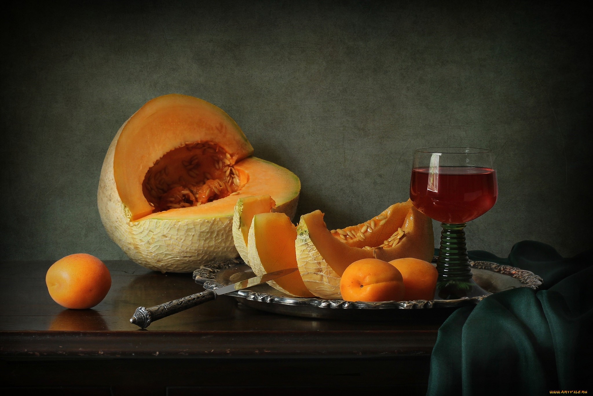 Still life with melon, apricots, wine glass, and knife HD Wallpaper