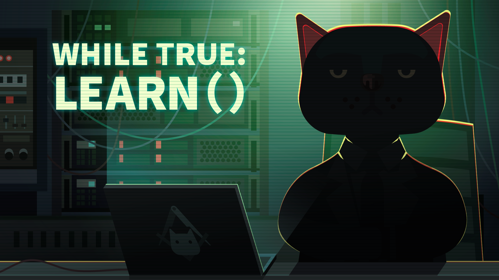 While True: learn() game art with cat programmer HD Wallpaper