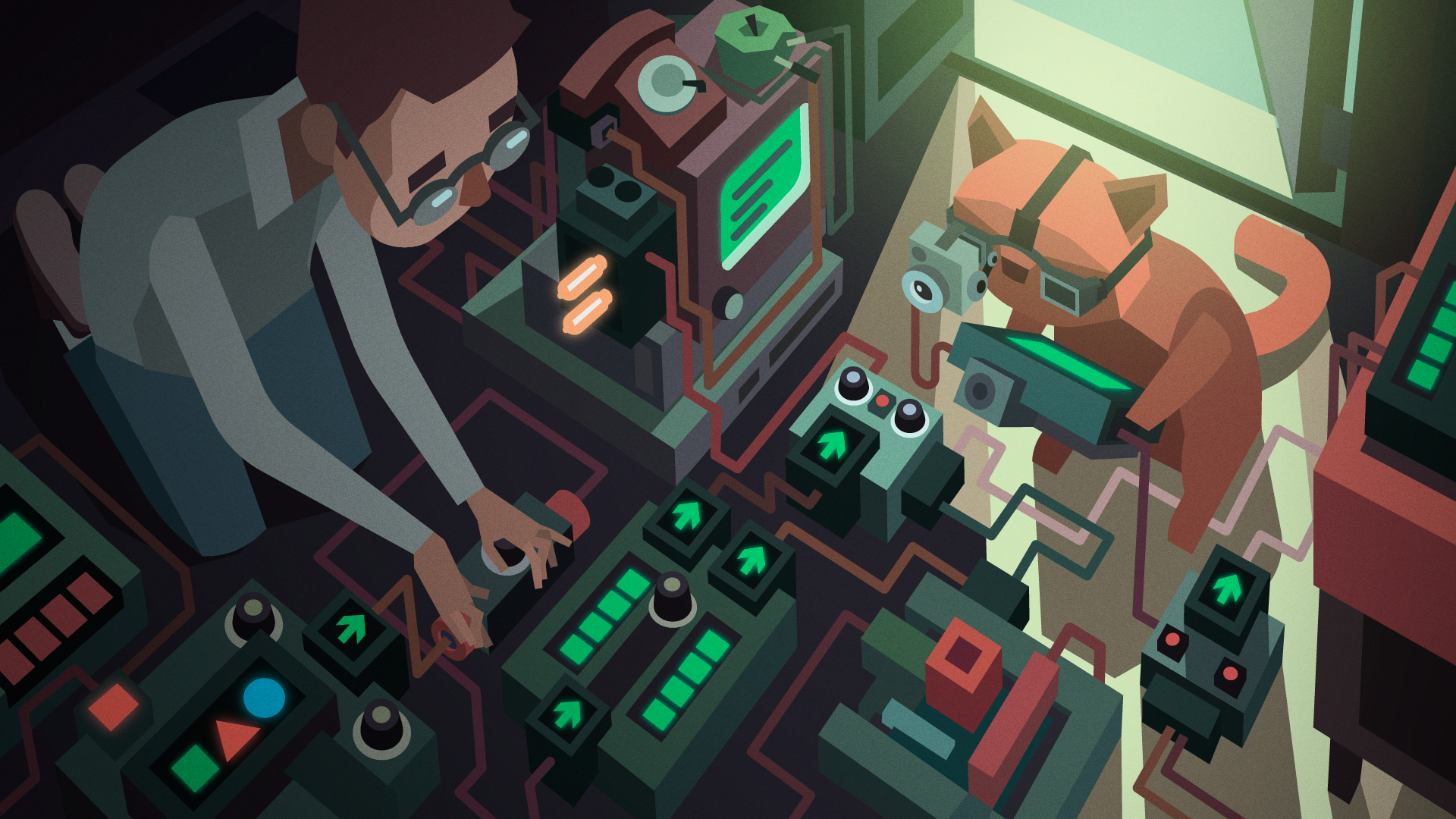 Man and cat operating complex machinery HD Wallpaper